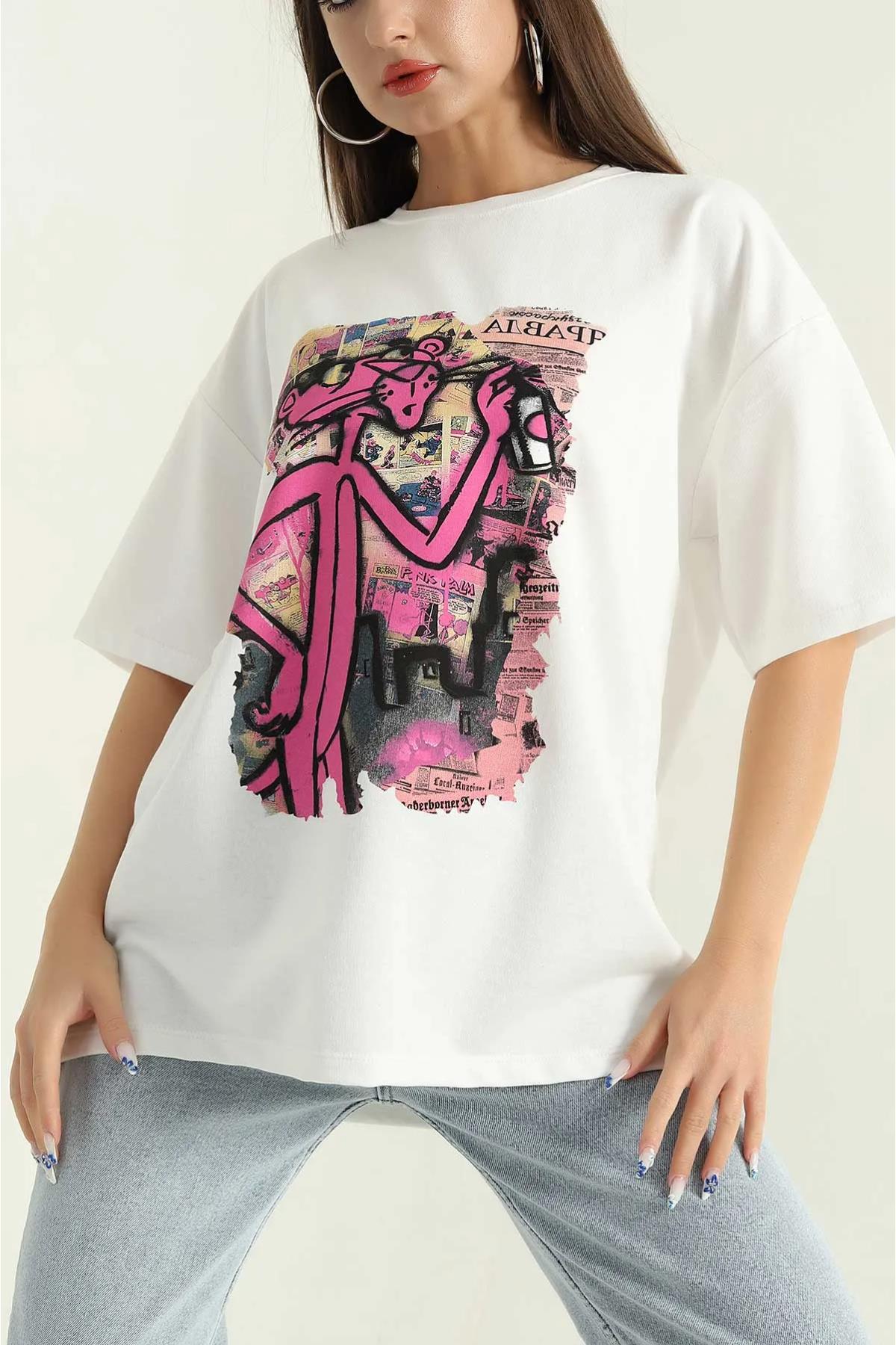 Pembe Panter Baskılı Oversize TshirtKADIN T-SHİRT