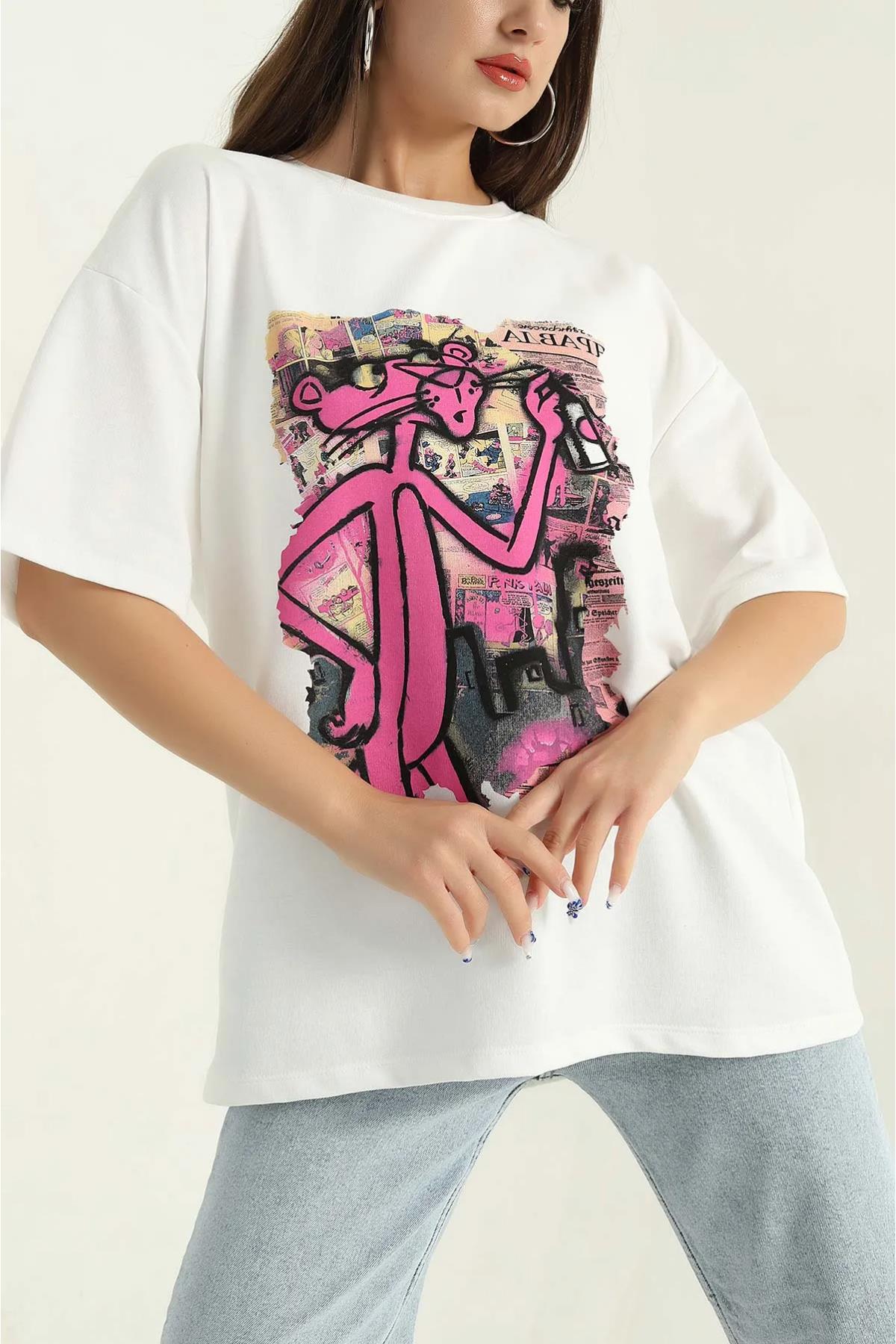 Pembe Panter Baskılı Oversize TshirtKADIN T-SHİRT
