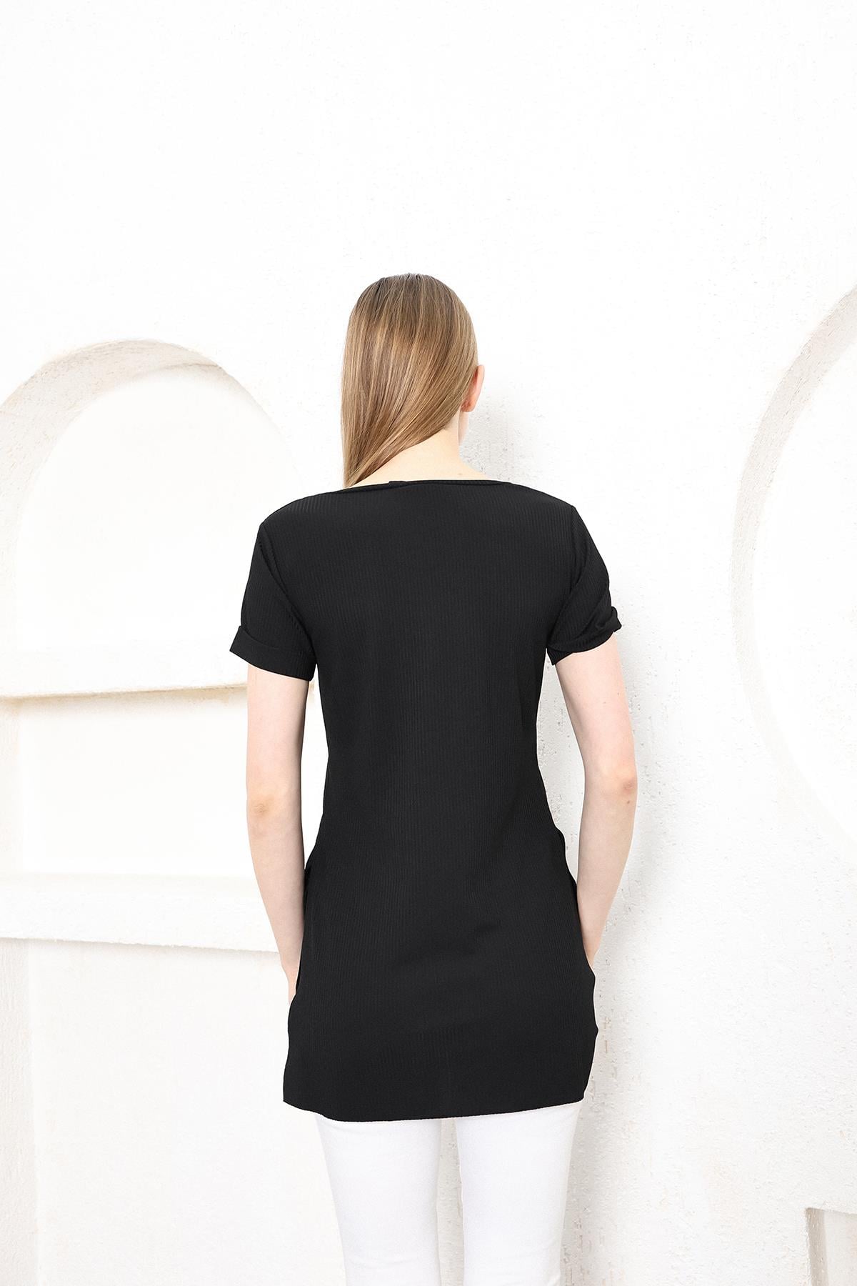 V Yaka Yanları Yırtmaçlı Basic TshirtKADIN T-SHİRT