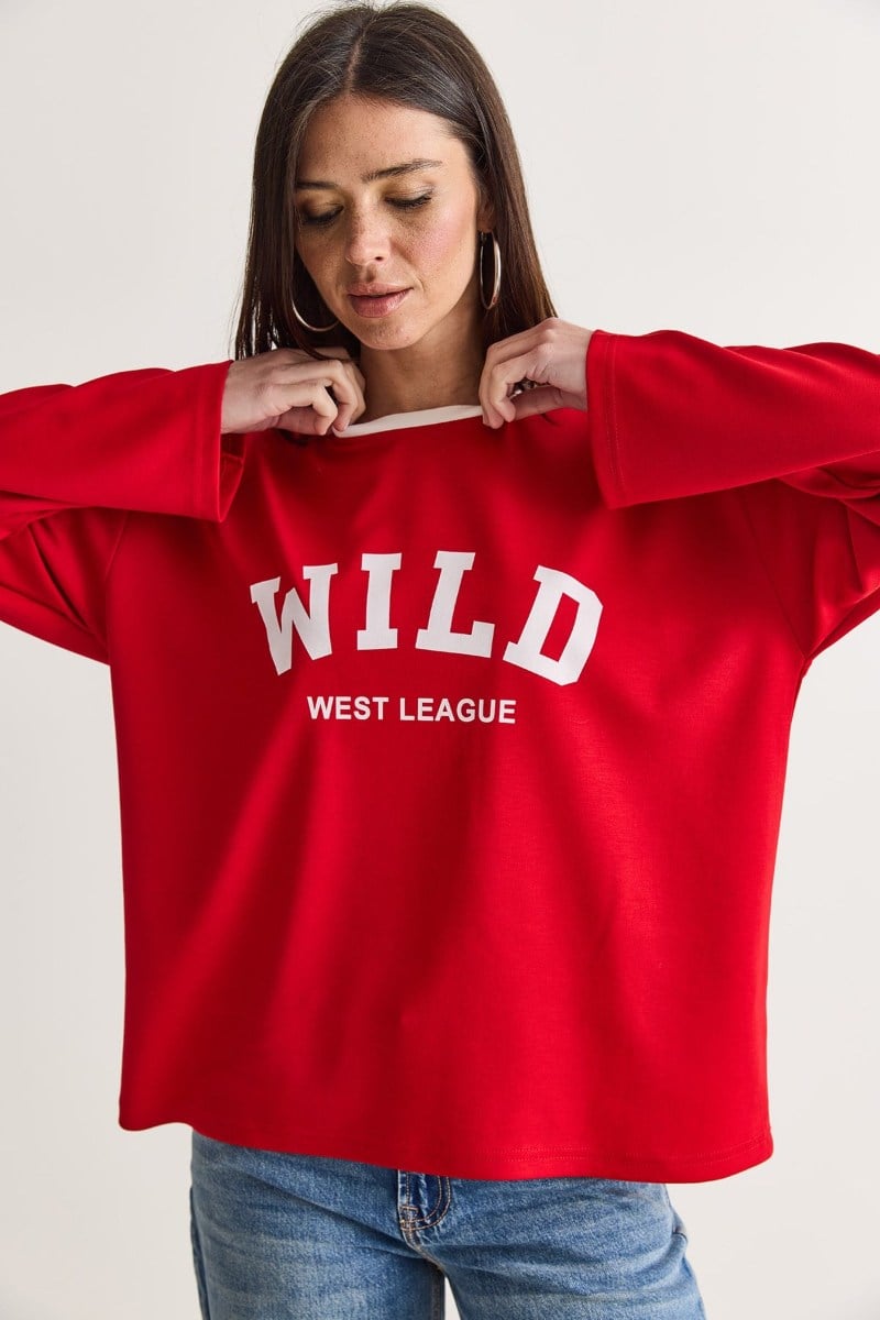 Wild Baskılı Bisiklet Yaka Oversize Uzun Kollu SweatshirtKADIN SWEATSHİRT