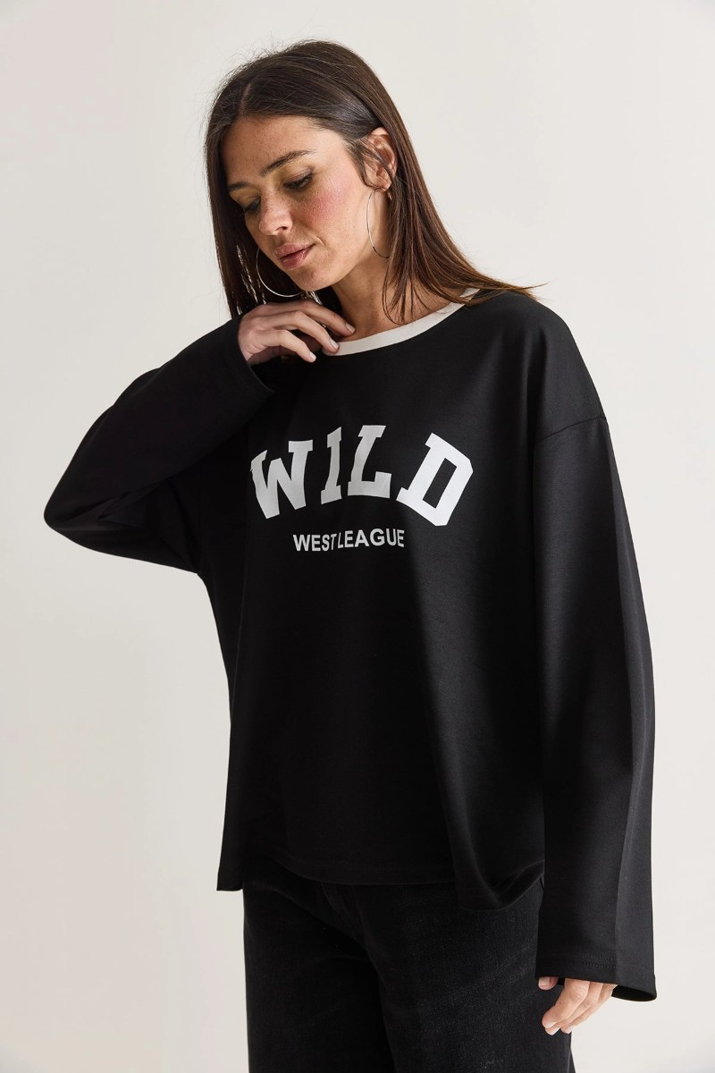 Wild Baskılı Bisiklet Yaka Oversize Uzun Kollu SweatshirtKADIN SWEATSHİRT