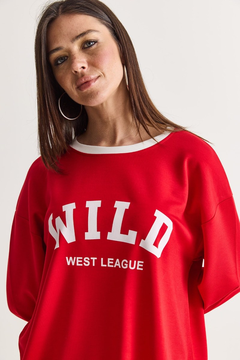 Wild Baskılı Bisiklet Yaka Oversize Uzun Kollu SweatshirtKADIN SWEATSHİRT