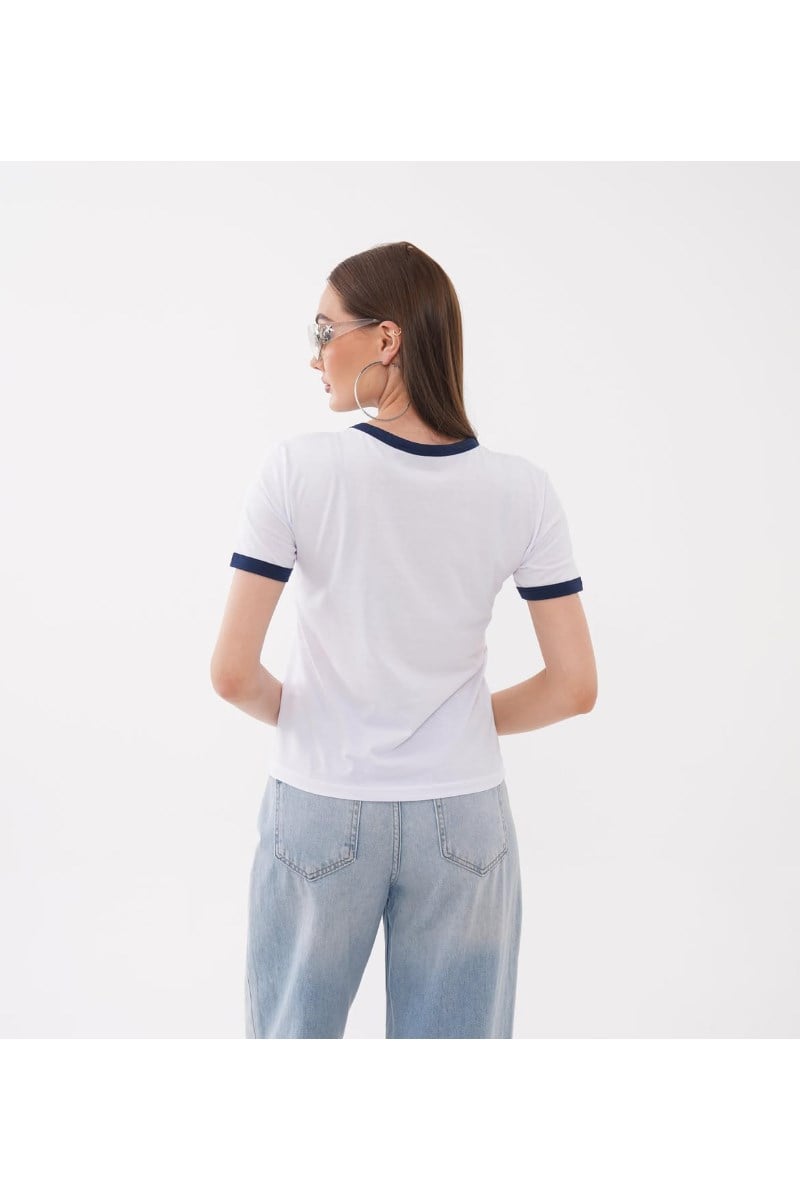 Yaka ve Kol Biyeli Önü MIAMI Nakışlı TshirtKADIN T-SHİRT