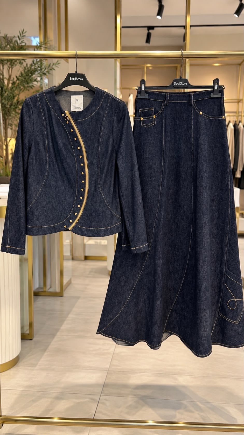 Ceremony Fermuarı Yarım Ay Detaylı Örme Denim Etekli Takım