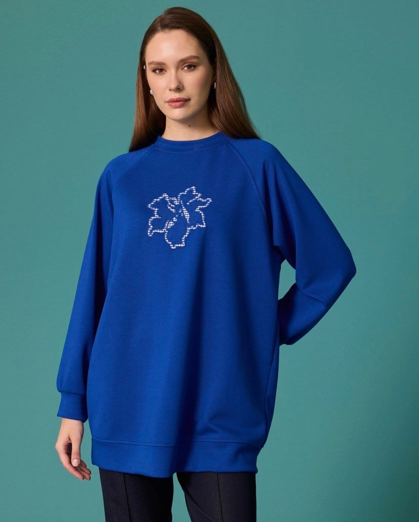 Seçil Çicek Aplikli Sweat Shirt Sax