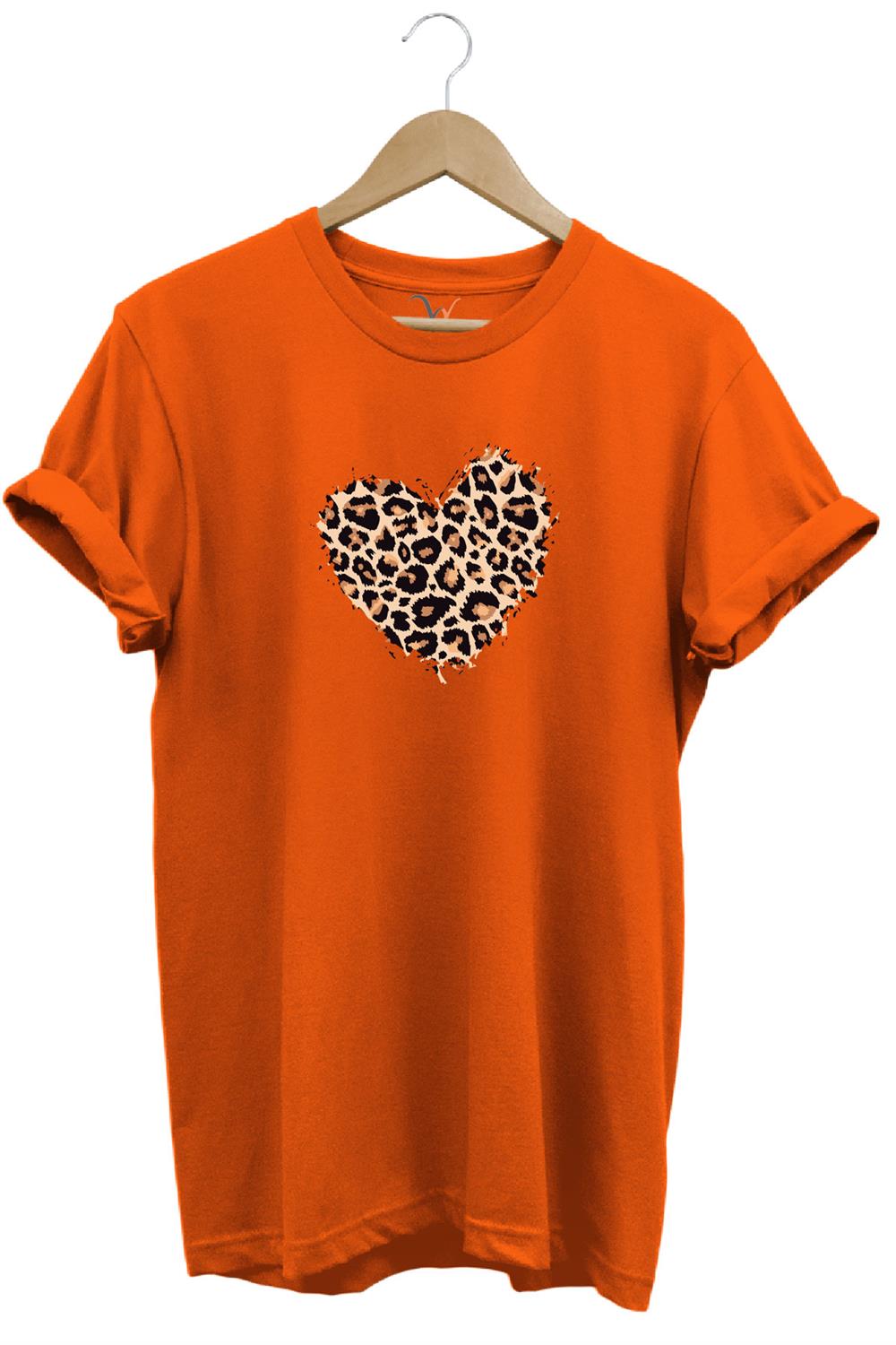 14 Şubat Sevgililer Günü Kalp Leopar Desen Baskılı %100 Pamuk Regular Fit Bisiklet Yaka T-Shirt - Turuncu