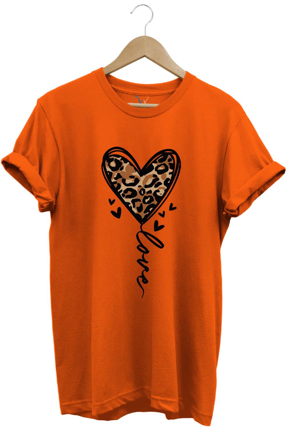 14 Şubat Sevgililer Günü Kalp Leopar Desen Baskılı %100 Pamuk Regular Fit Bisiklet Yaka T-Shirt - Turuncu