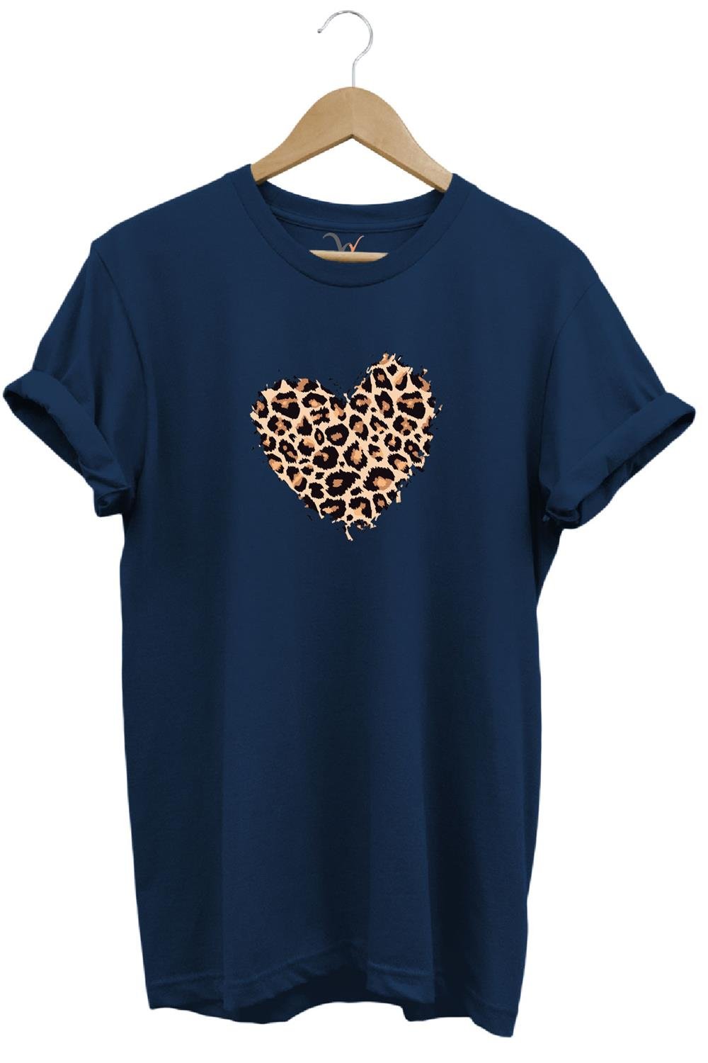 14 Şubat Sevgililer Günü Kalp Leopar Desen Baskılı %100 Pamuk Regular Fit Bisiklet Yaka T-Shirt - Lacivert