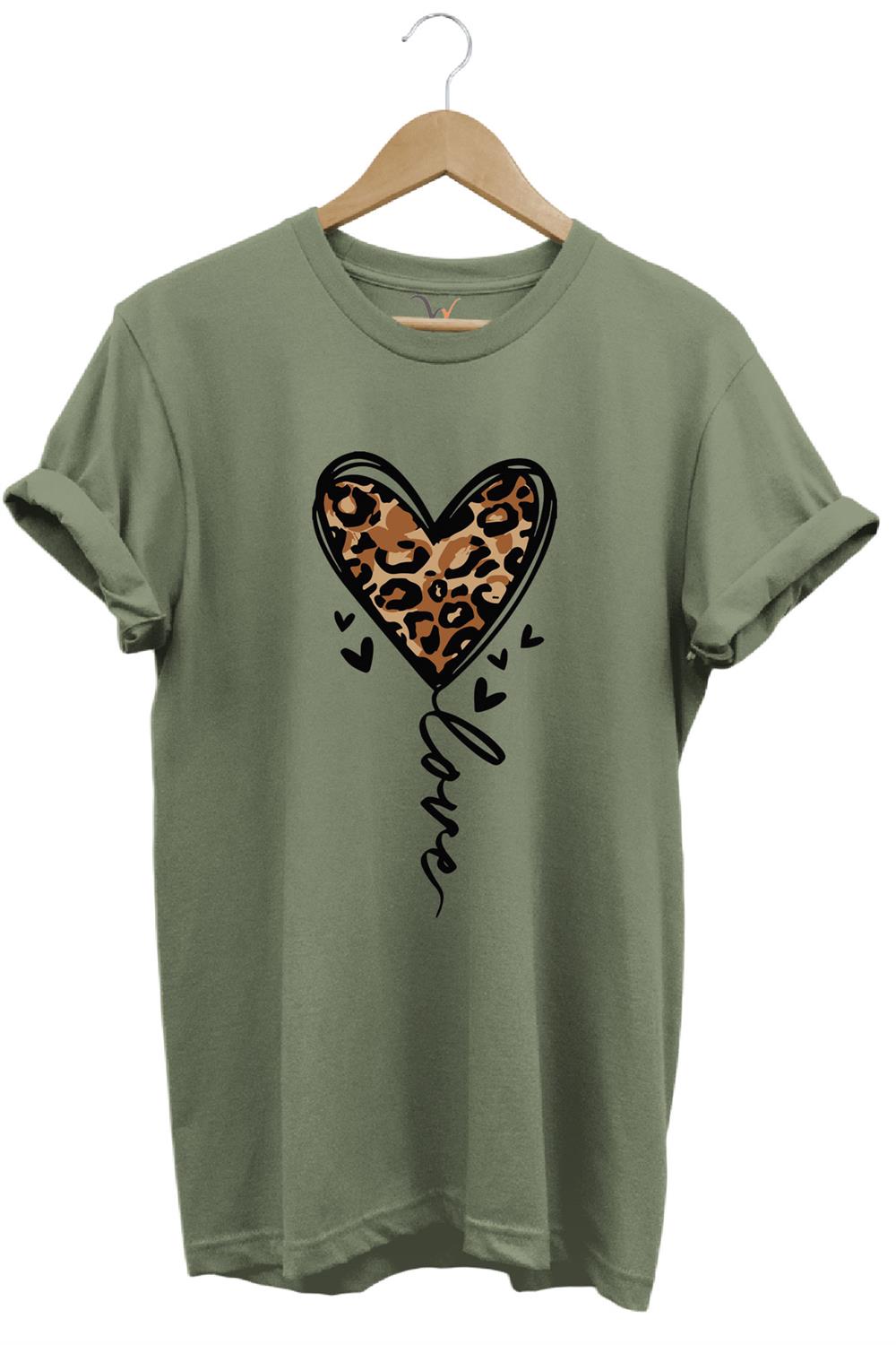 14 Şubat Sevgililer Günü Kalp Leopar Desen Baskılı %100 Pamuk Regular Fit Bisiklet Yaka T-Shirt - Haki