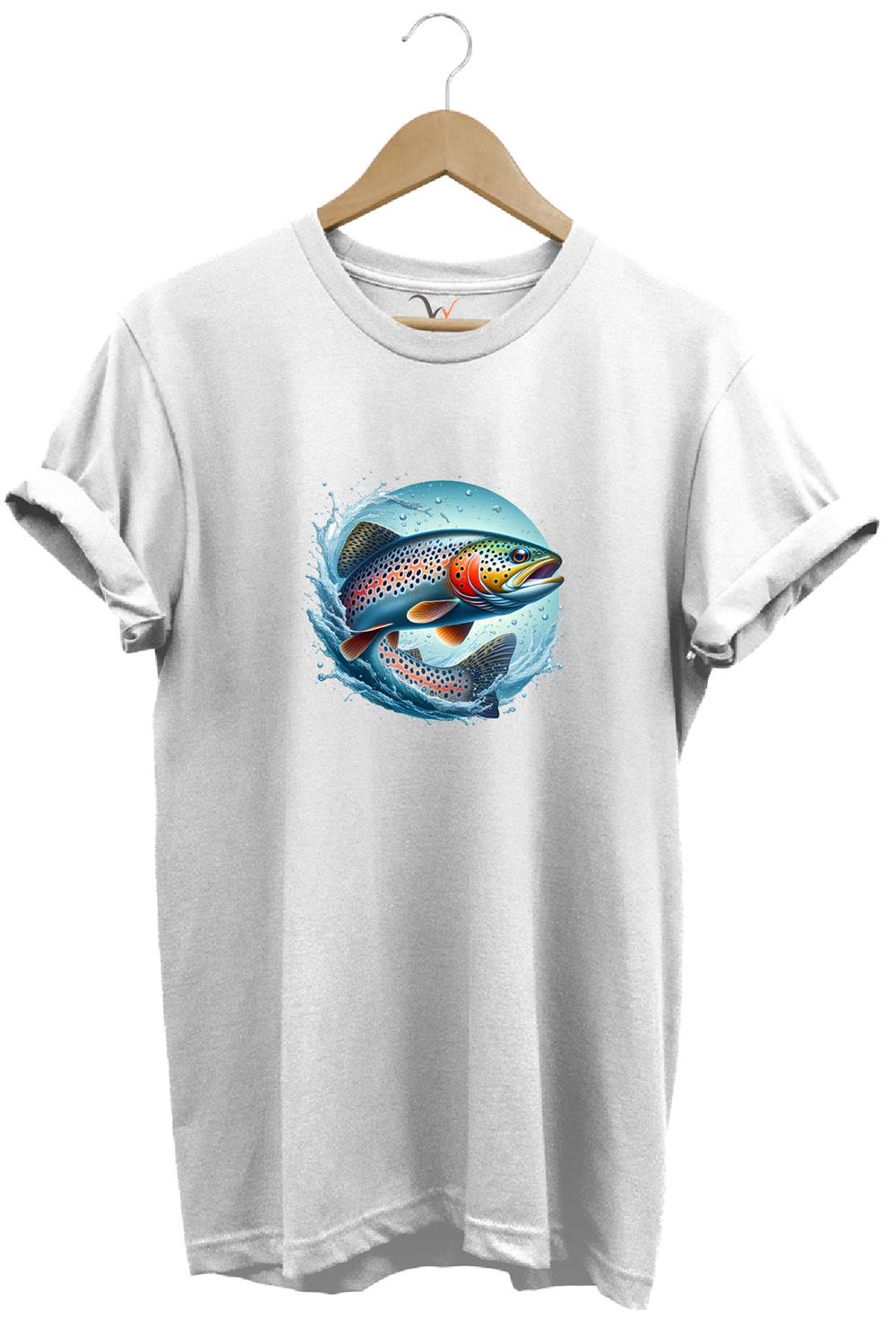 Alabalık Baskılı Balıkçılık %100 Pamuk Regular Fit Bisiklet Yaka T-Shirt - Beyaz