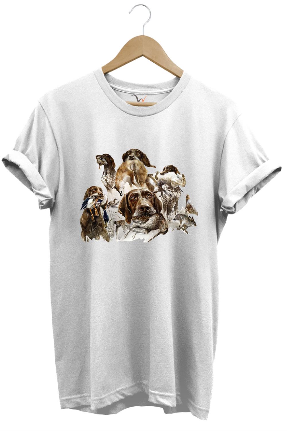 Av Köpekleri Ve Kuş Temalı %100 Pamuk Unisex Regular Fit T-Shirt - Beyaz