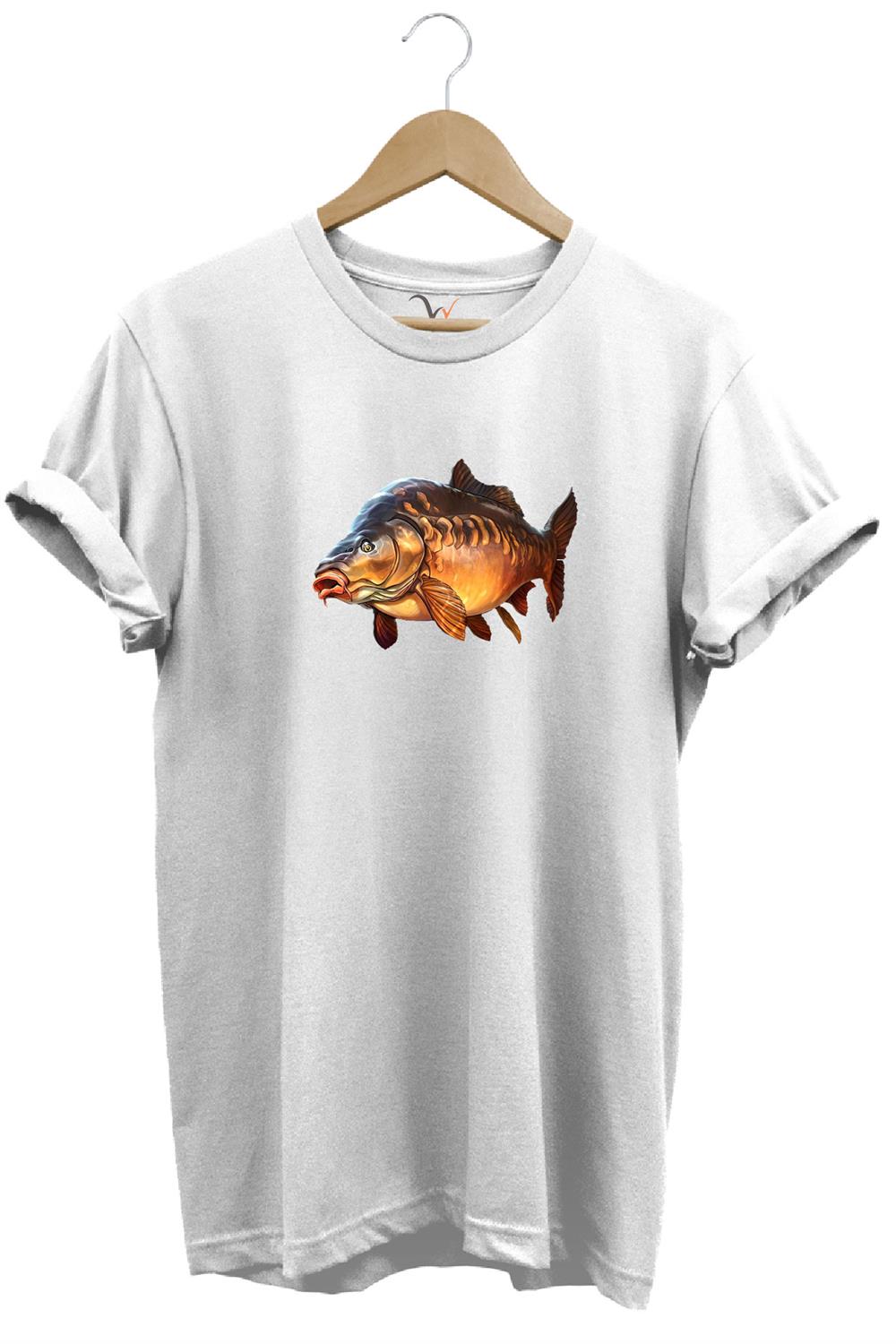 Avcılık Fishing Deniz Göl Sazan Balığı Baskılı Renkli %100 Pamuk Regular Fit Bisiklet Yaka T-Shirt - Beyaz