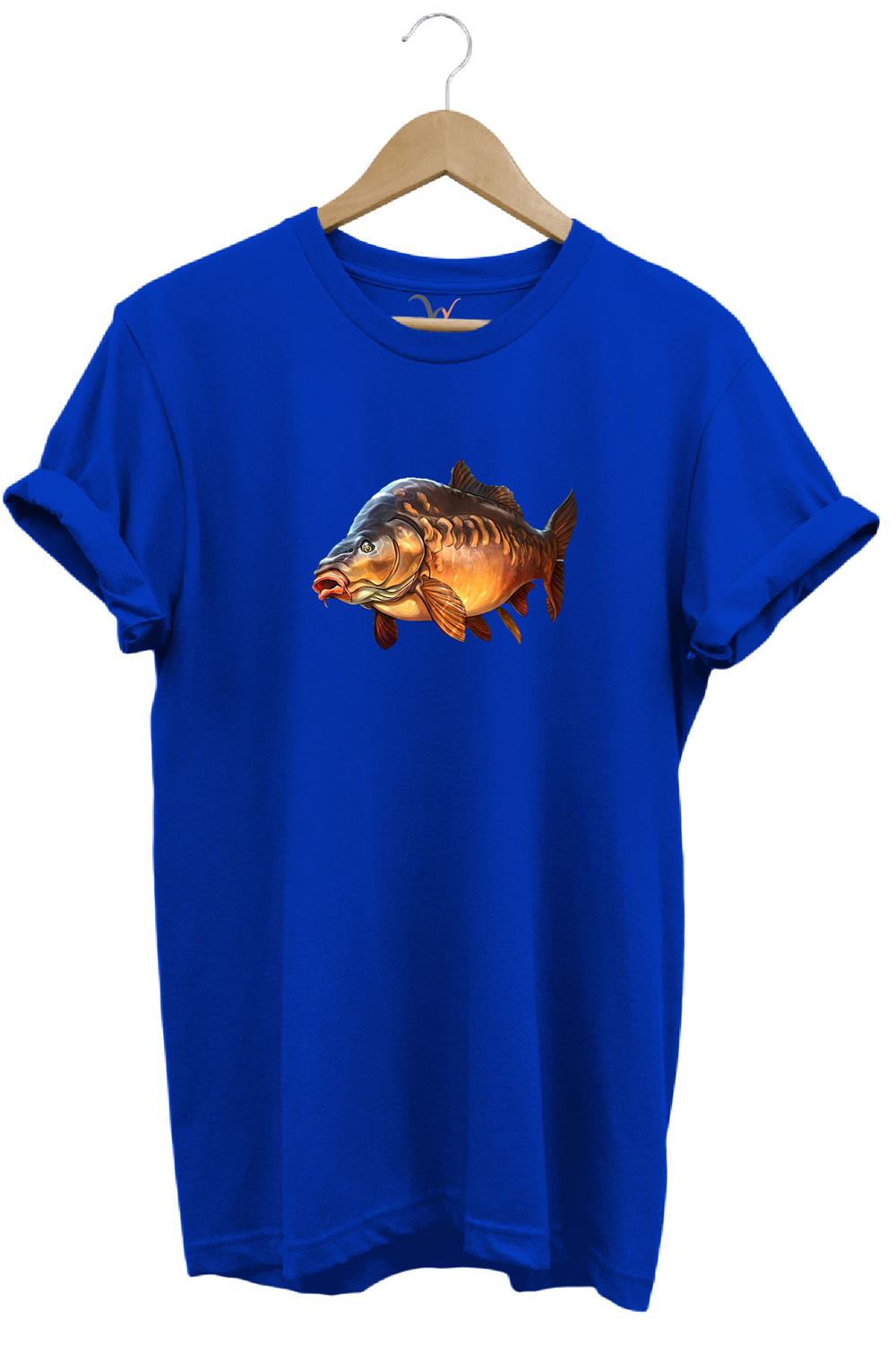 Avcılık Fishing Deniz Göl Sazan Balığı Baskılı Renkli %100 Pamuk Regular Fit Bisiklet Yaka T-Shirt - Mavi