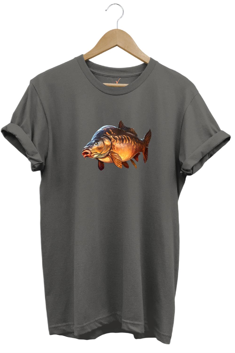 Avcılık Fishing Deniz Göl Sazan Balığı Baskılı Renkli %100 Pamuk Regular Fit Bisiklet Yaka T-Shirt - Antrasit