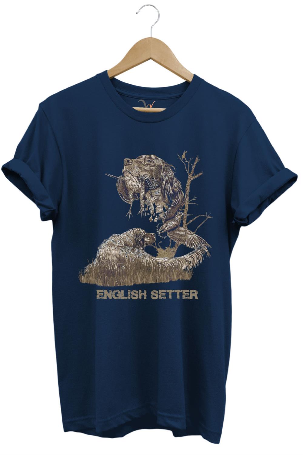 Avcılık Hunter Ağaçlı English Setter Çulluk Yazı Baskılı %100 Pamuk Regular Fit T-Shirt - Lacivert