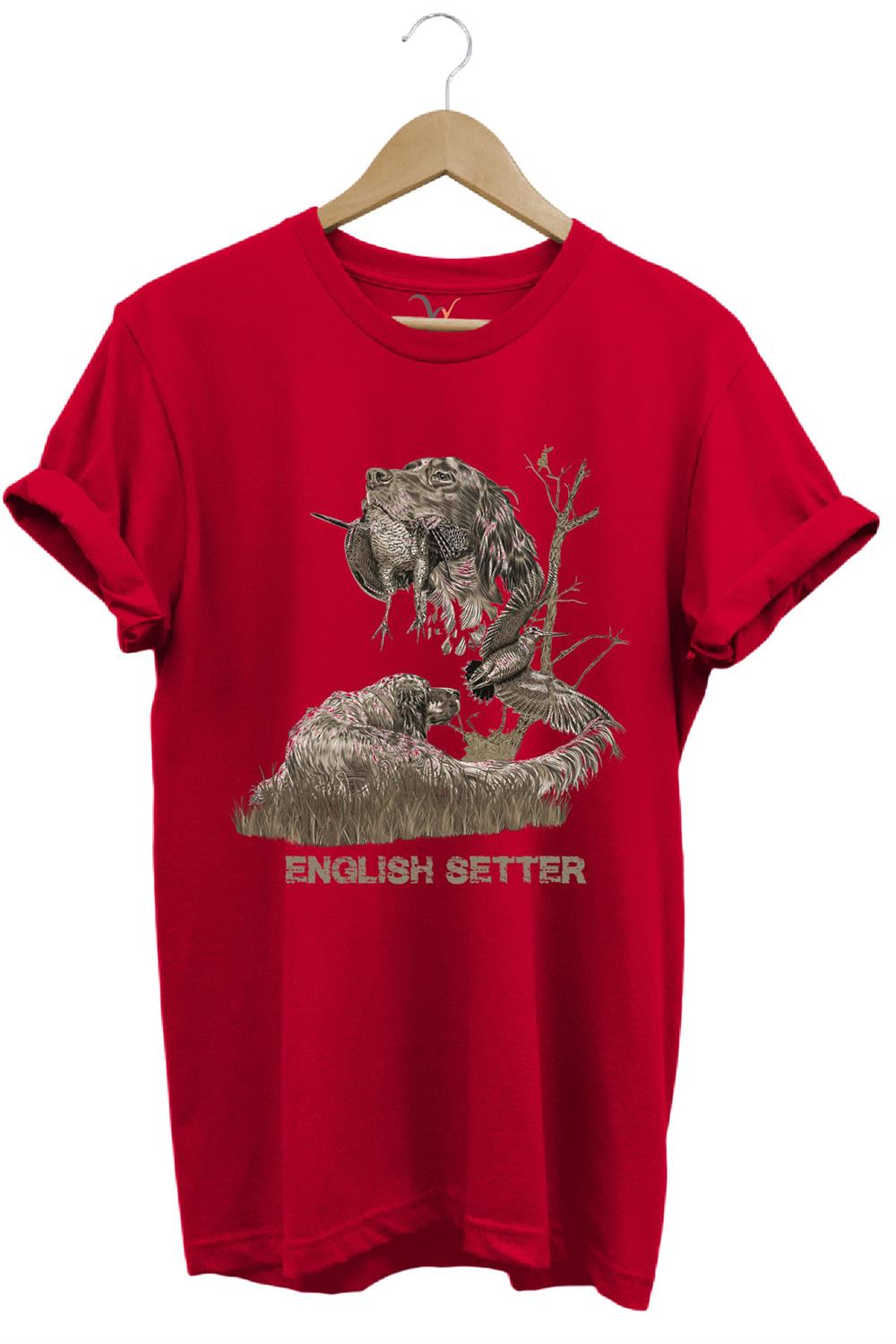 Avcılık Hunter Ağaçlı English Setter Çulluk Yazı Baskılı %100 Pamuk Regular Fit T-Shirt - Kırmızı