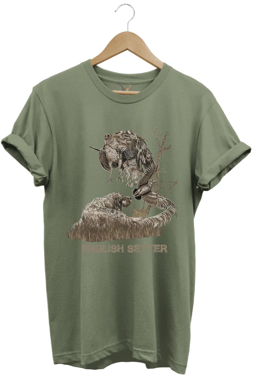 Avcılık Hunter Ağaçlı English Setter Çulluk Yazı Baskılı %100 Pamuk Regular Fit T-Shirt - Haki