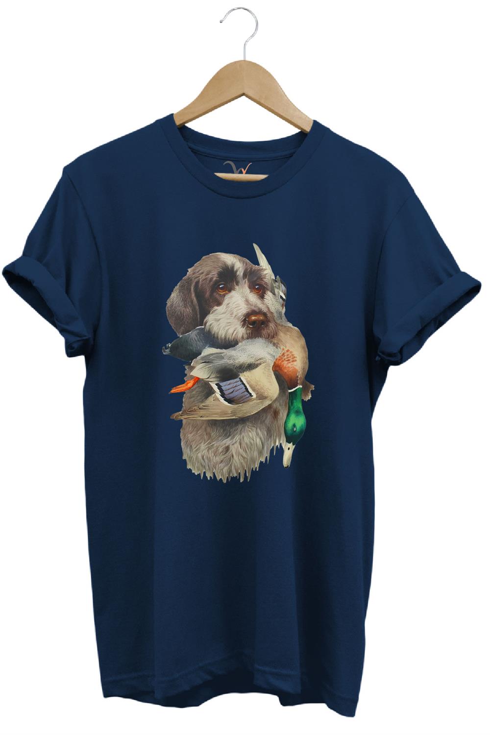 Avcılık Hunter Av Köpeği Ağzında Çulluk Kuşu Baskılı Çulluk Avı Regular Fit %100 Pamuk T-Shirt - Lacivert