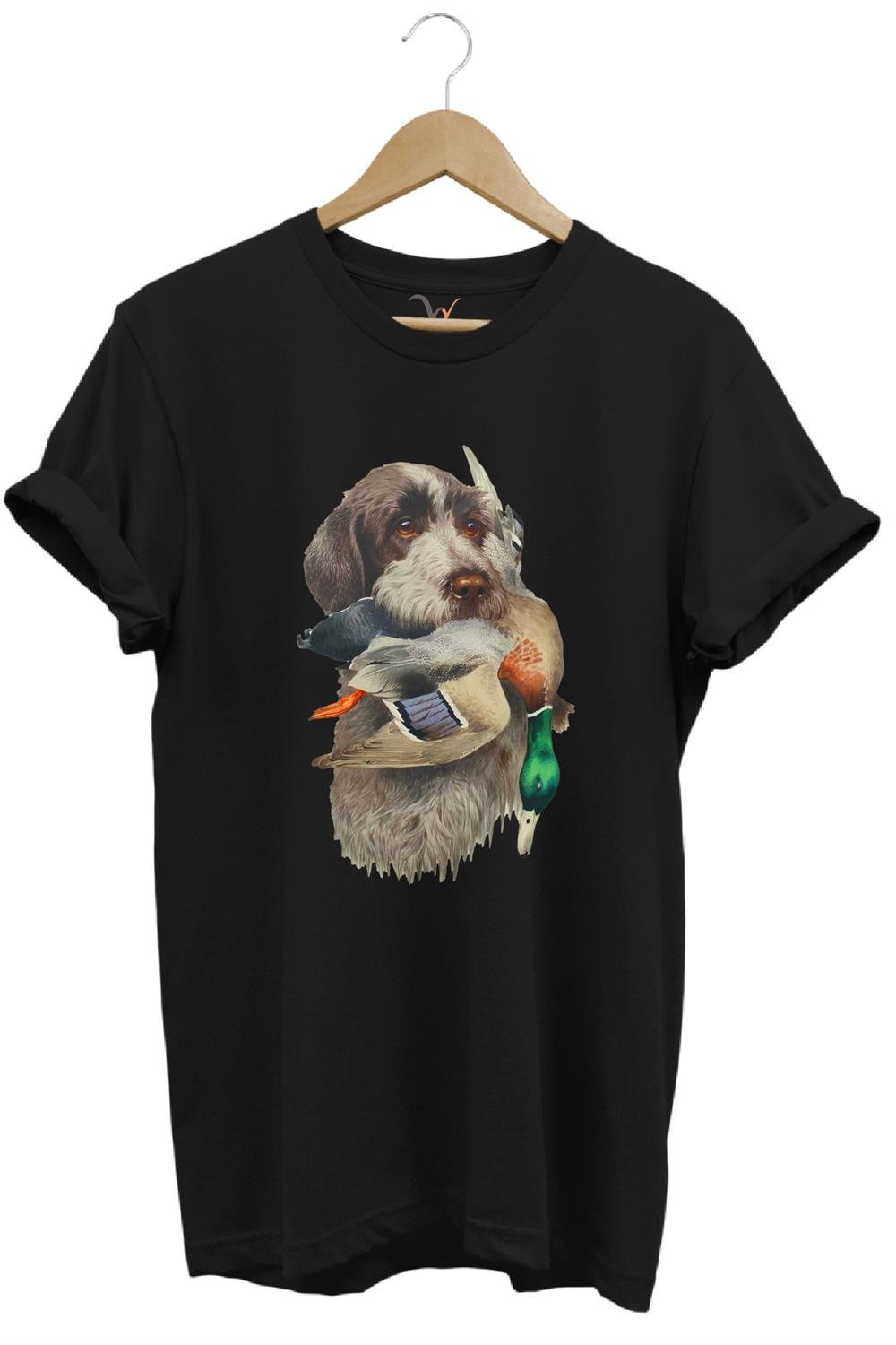 Avcılık Hunter Av Köpeği Ağzında Çulluk Kuşu Baskılı Çulluk Avı Regular Fit %100 Pamuk T-Shirt - Siyah