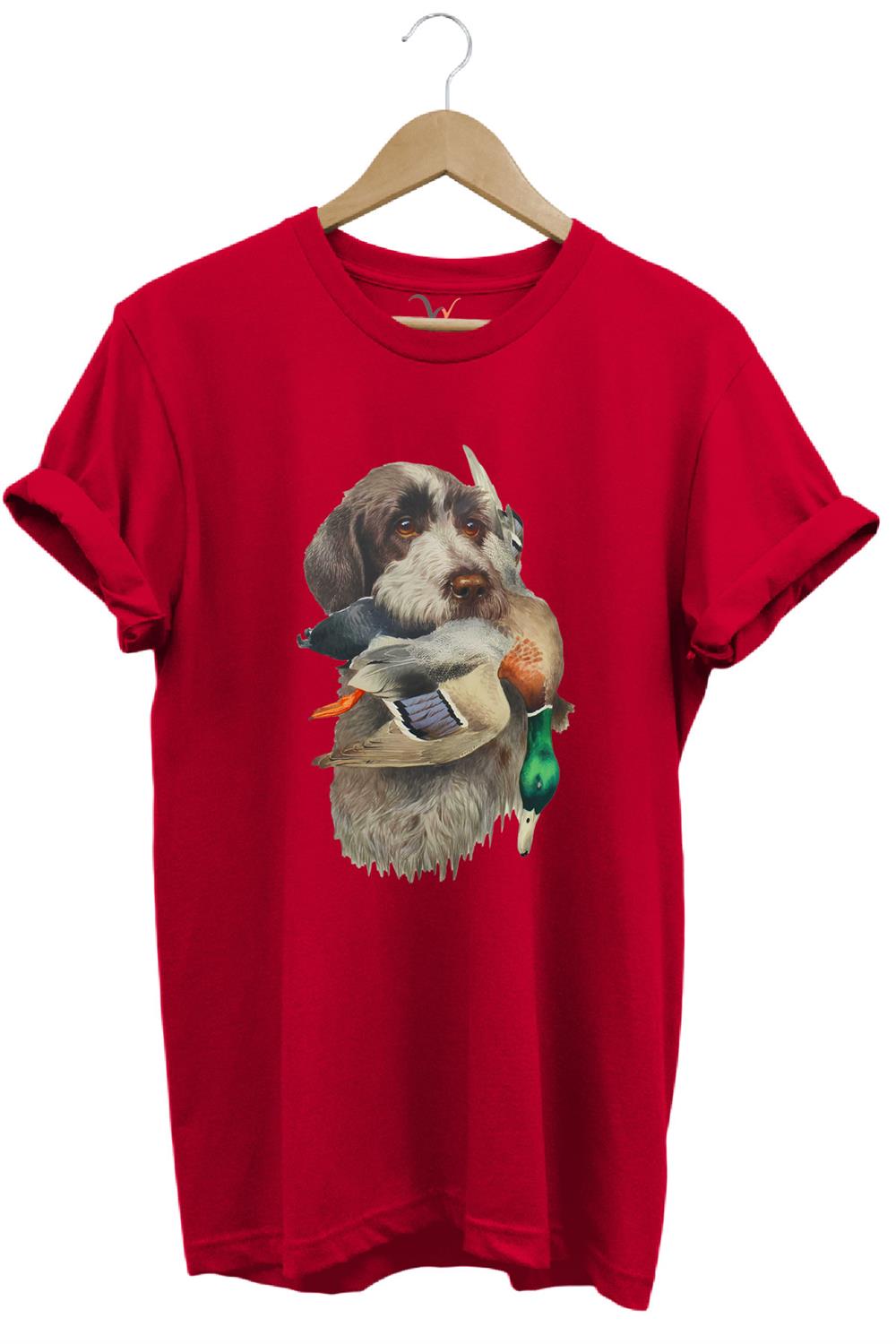 Avcılık Hunter Av Köpeği Ağzında Çulluk Kuşu Baskılı Çulluk Avı Regular Fit %100 Pamuk T-Shirt - Kırmızı
