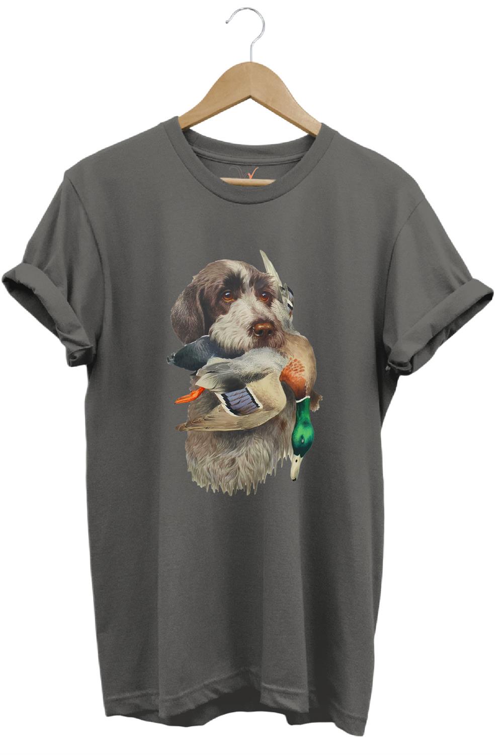Avcılık Hunter Av Köpeği Ağzında Çulluk Kuşu Baskılı Çulluk Avı Regular Fit %100 Pamuk T-Shirt - Antrasit