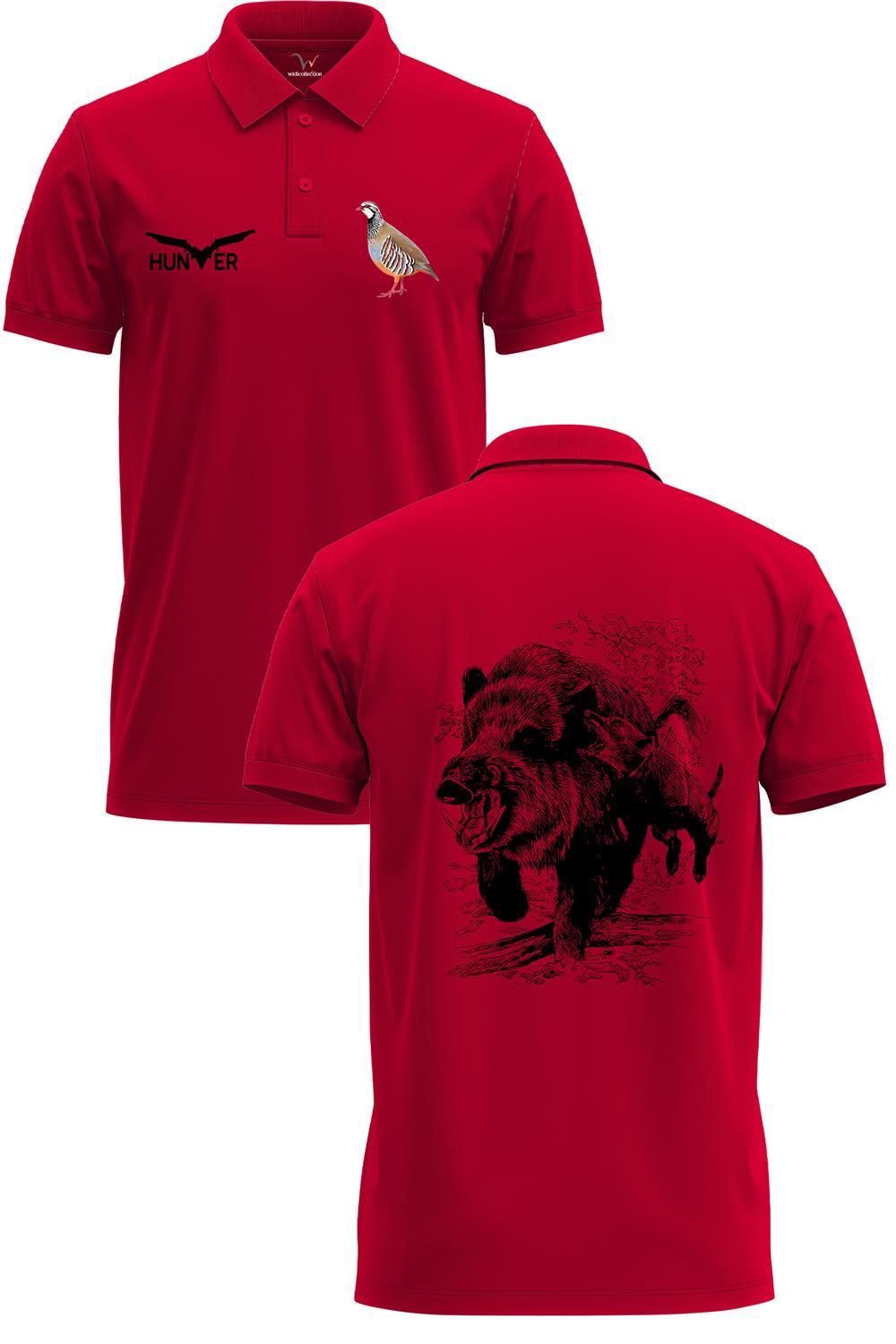 Avcılık Hunter Domuz Avcılığı Tasarımlı %100 Pamuk Regular Fit Polo Yaka T-Shirt - Kırmızı