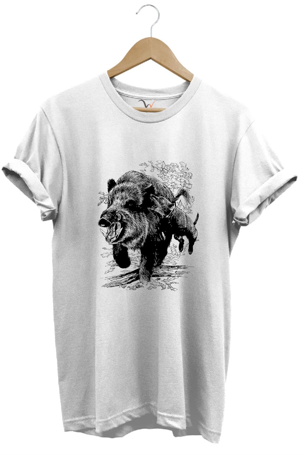 Avcılık Hunter Domuz Avcılığı Tasarımlı %100 Pamuk Regular Fit T-Shirt - Beyaz