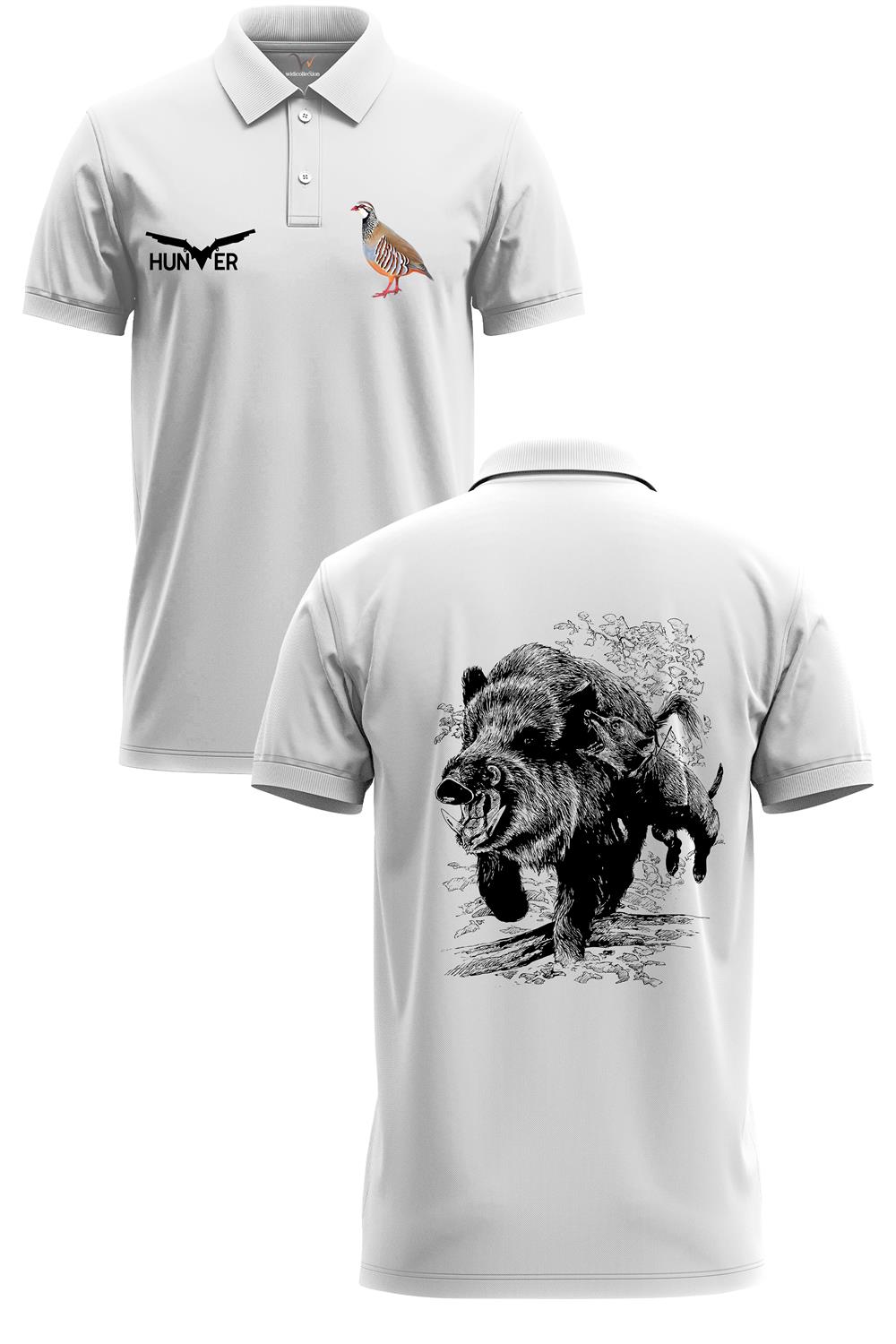 Avcılık Hunter Domuz Avcılığı Tasarımlı %100 Pamuk Regular Fit Polo Yaka T-Shirt - Beyaz