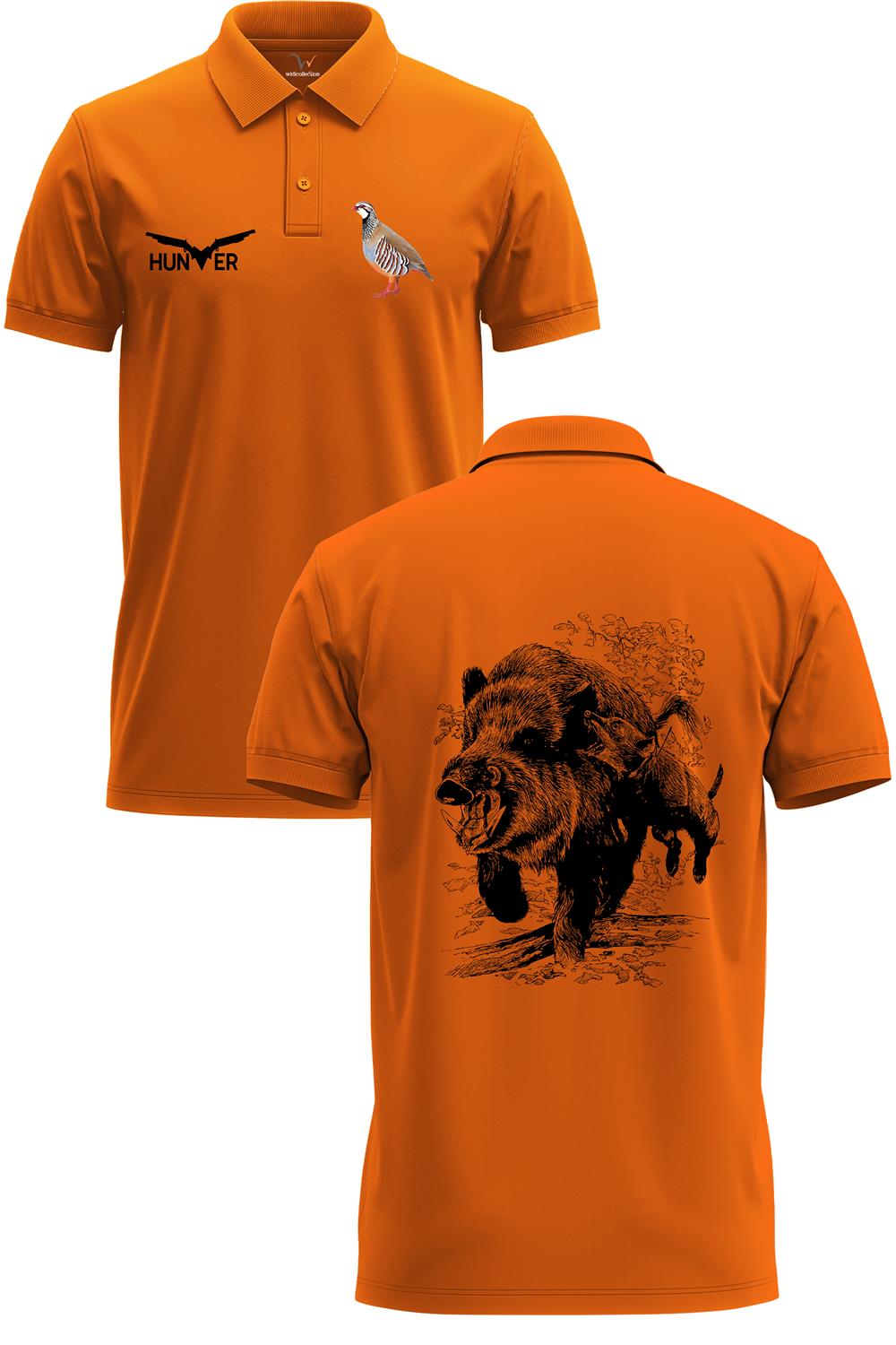 Avcılık Hunter Domuz Avcılığı Tasarımlı %100 Pamuk Regular Fit Polo Yaka T-Shirt - Turuncu