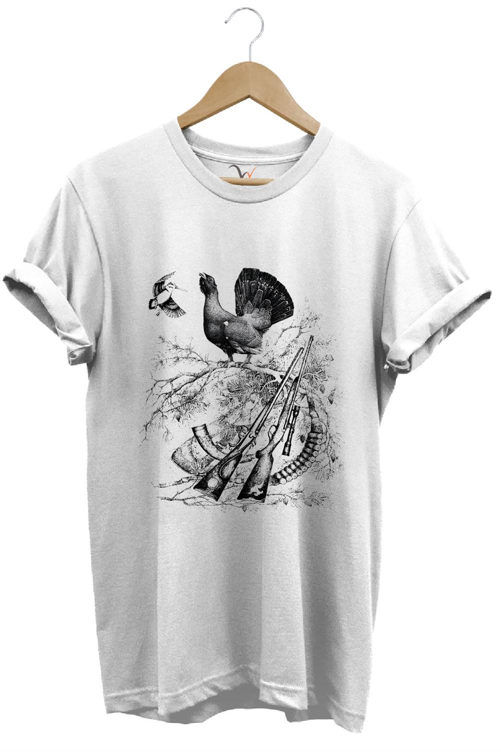 Avcılık Hunter Keklik Kuşu Ve Orman Tavuğu Baskılı Vahşi Yaşam Doğa Regular Fit %100 Pamuk T-Shirt - Beyaz