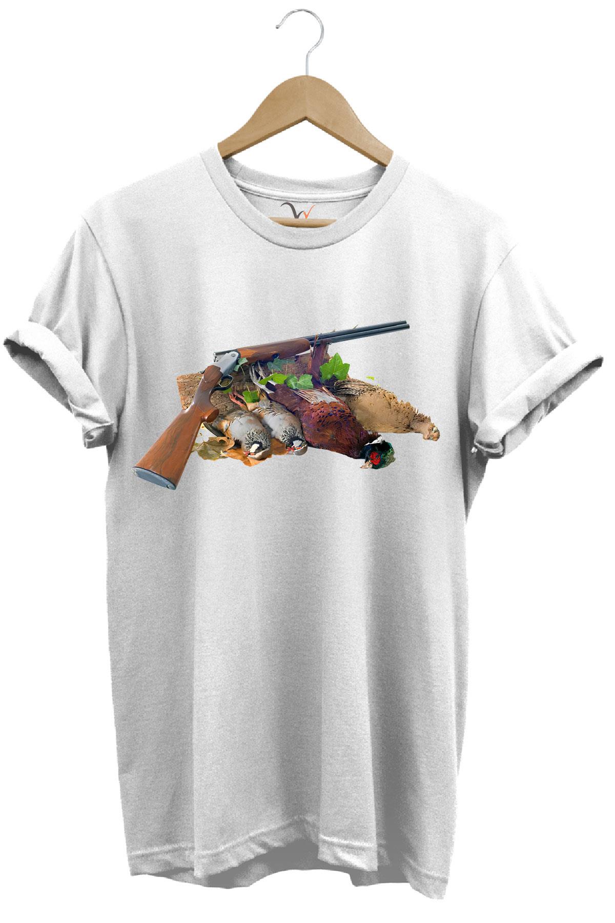 Avcılık Hunter Keklikler Keklik Kuşu Avcılığı Tüfek ve Fişek Baskılı  %100 Pamuk Regular Fit T-Shirt - Beyaz