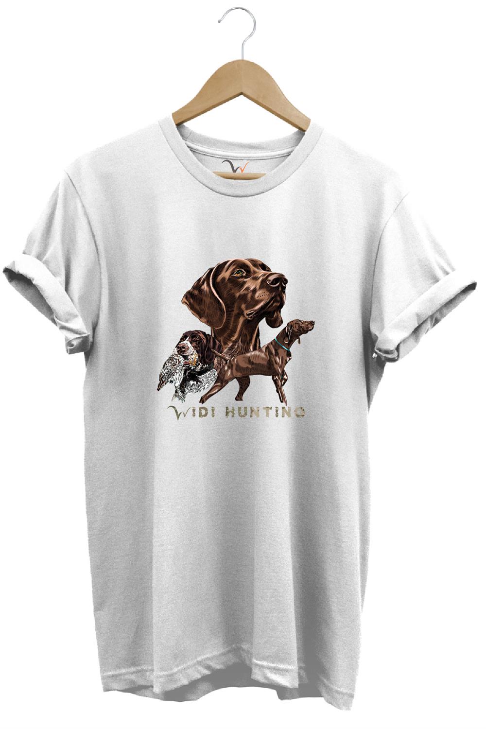 Avcılık Hunter Kurzhaar Av Köpeği Ve Çulluk Baskılı %100 Pamuk Regular Fit Unisex T-Shirt - Beyaz