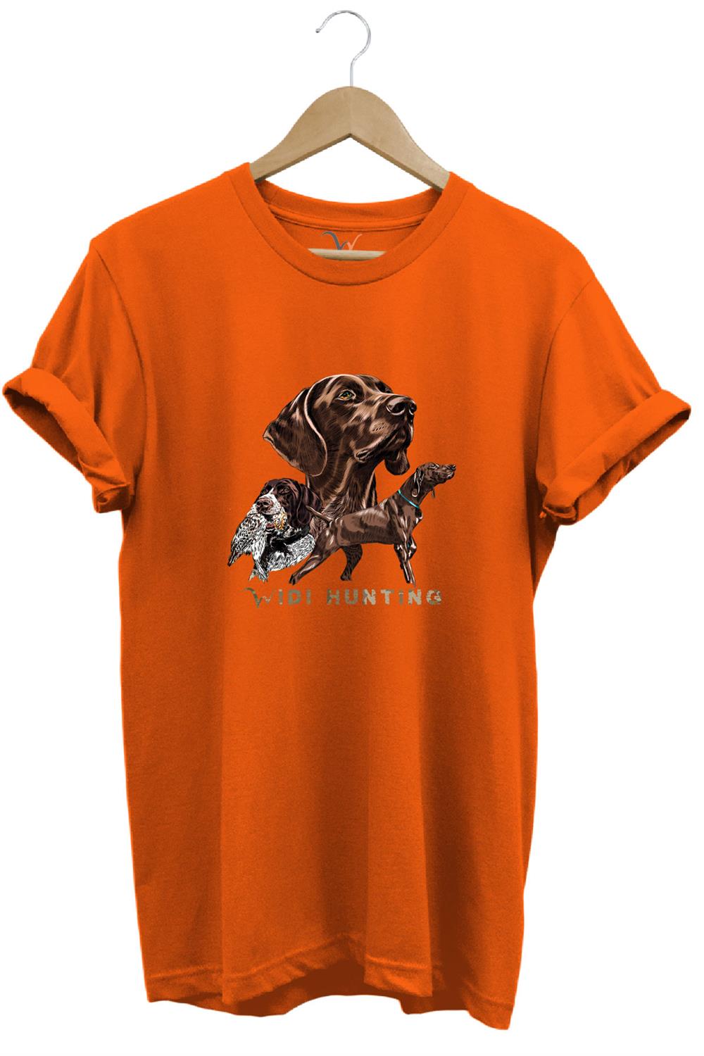 Avcılık Hunter Kurzhaar Av Köpeği Ve Çulluk Baskılı %100 Pamuk Regular Fit Unisex T-Shirt - Turuncu