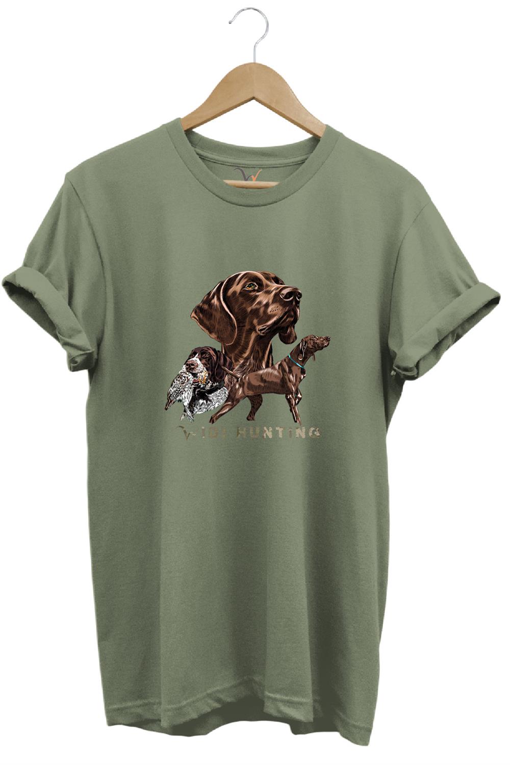 Avcılık Hunter Kurzhaar Av Köpeği Ve Çulluk Baskılı %100 Pamuk Regular Fit Unisex T-Shirt - Haki