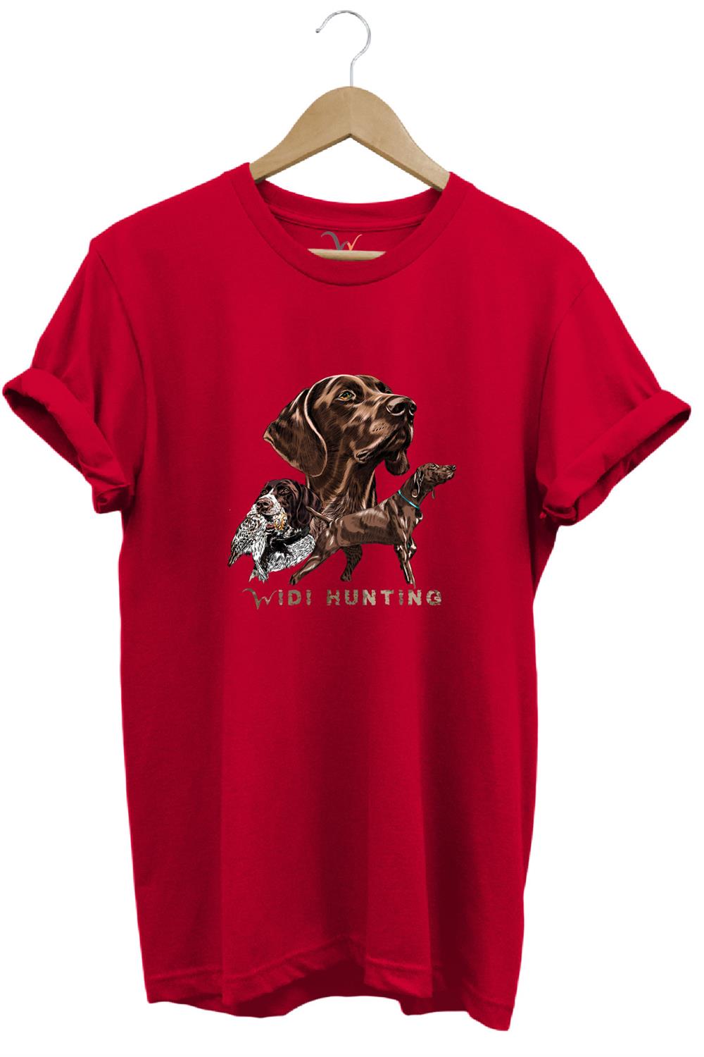 Avcılık Hunter Kurzhaar Av Köpeği Ve Çulluk Baskılı %100 Pamuk Regular Fit Unisex T-Shirt - Kırmızı