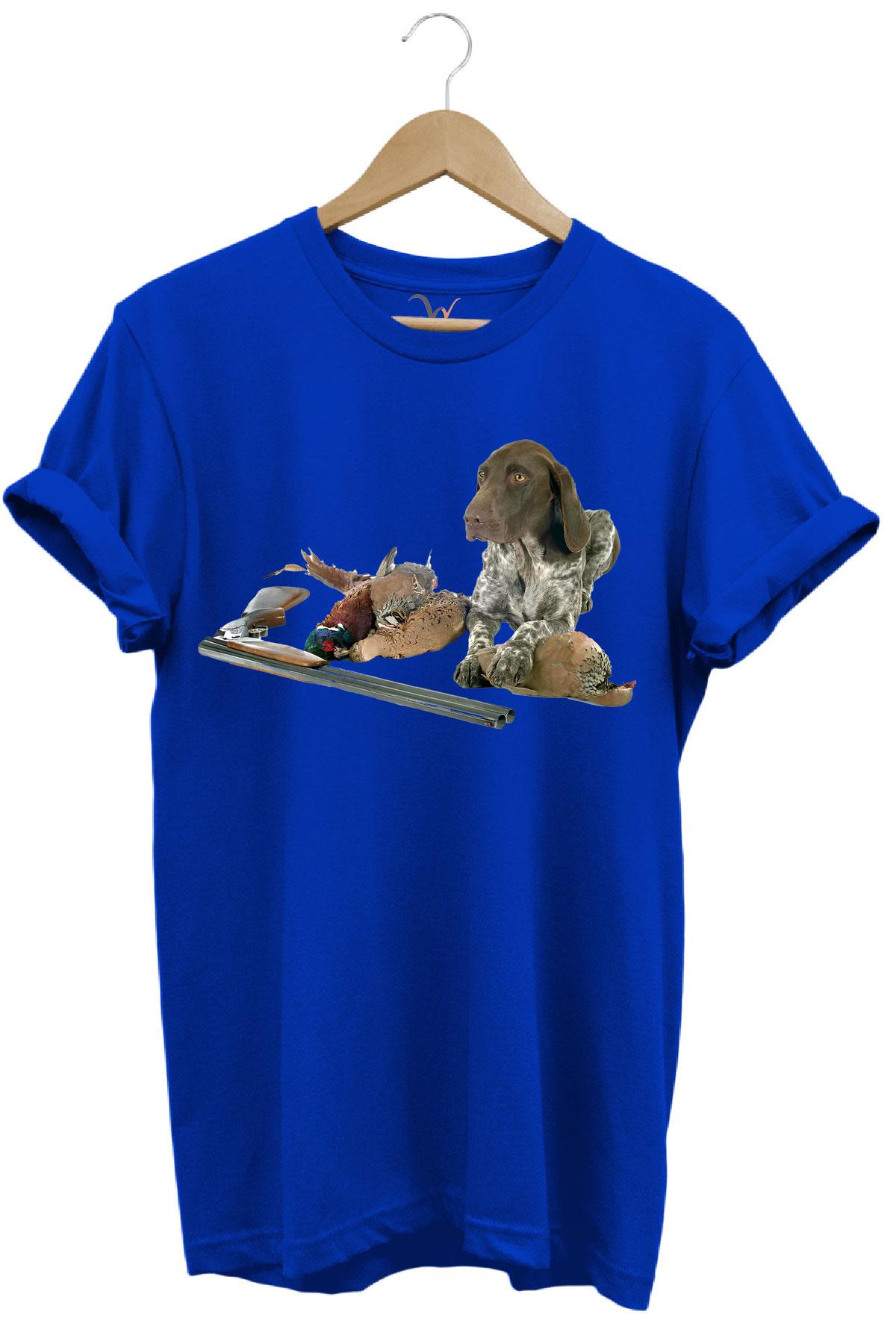 Avcılık Hunter Kurzhaar Av Köpeği ve Keklik Avcılığı Baskılı Regular Fit %100 Pamuk T-Shirt - Mavi