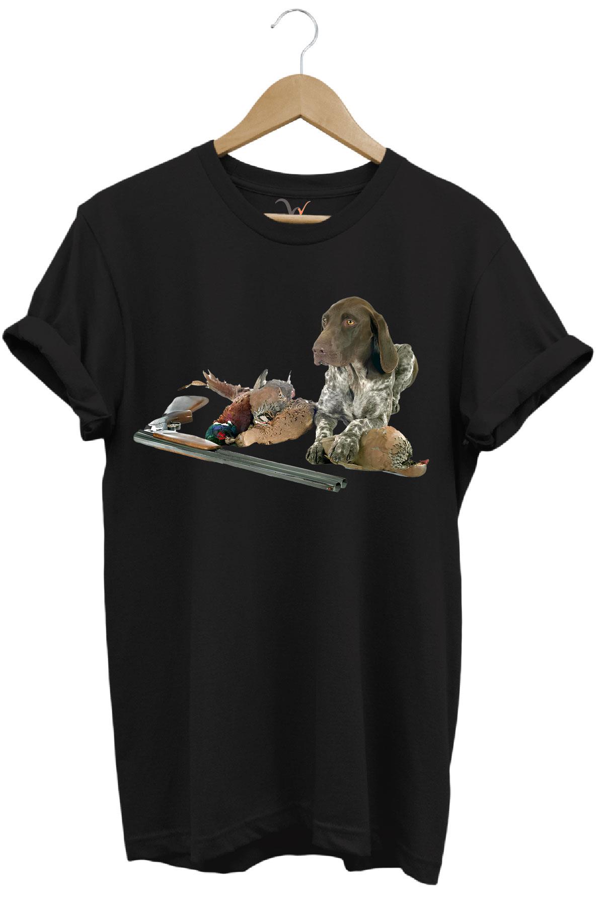 Avcılık Hunter Kurzhaar Av Köpeği ve Keklik Avcılığı Baskılı Regular Fit %100 Pamuk T-Shirt - Siyah