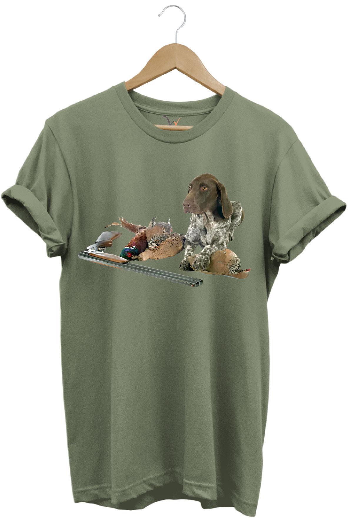 Avcılık Hunter Kurzhaar Av Köpeği ve Keklik Avcılığı Baskılı Regular Fit %100 Pamuk T-Shirt - Haki