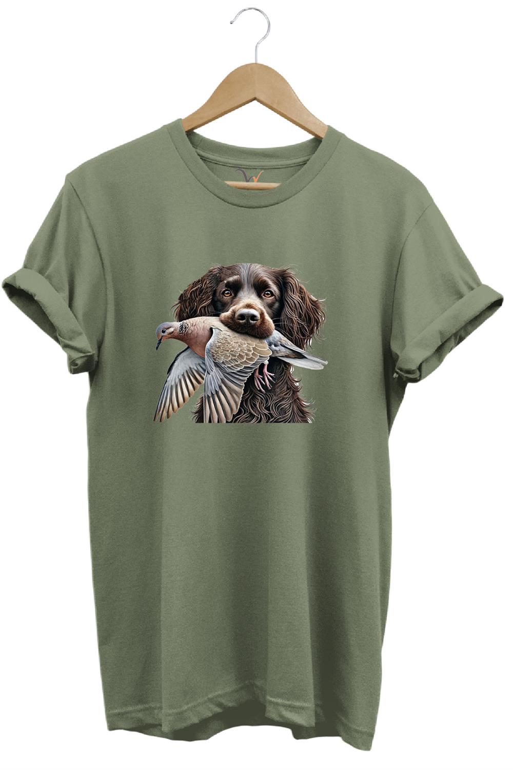 Avcılık Hunter Üveyik Kuşu Ve Avcı Boykin Köpeği Tasarım Baskılı %100 Pamuk Regular Fit T-Shirt - Haki