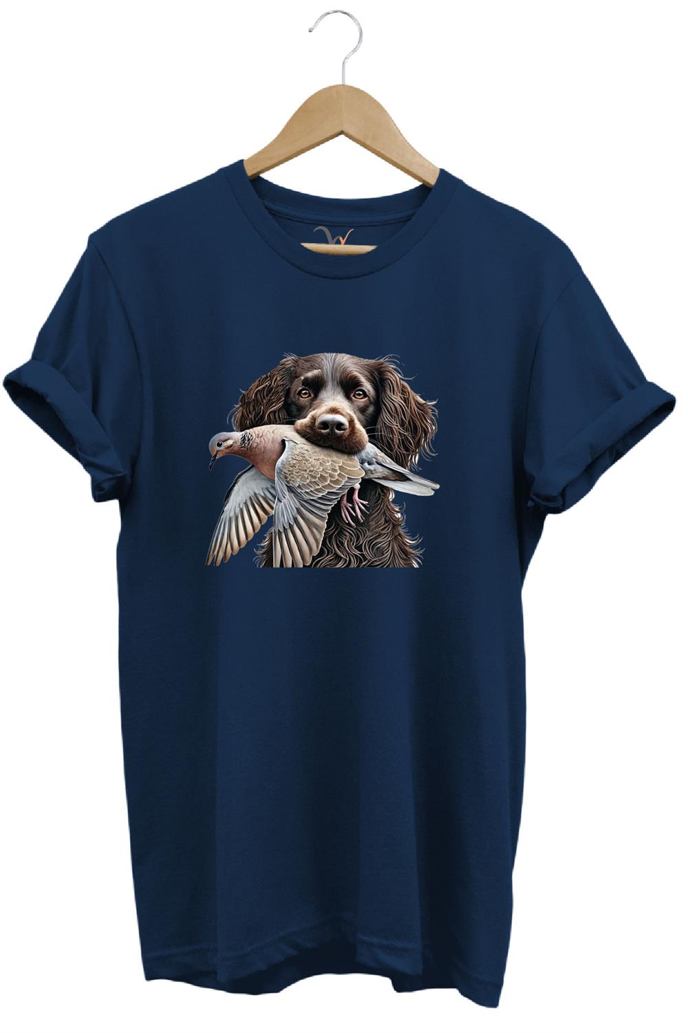Avcılık Hunter Üveyik Kuşu Ve Avcı Boykin Köpeği Tasarım Baskılı %100 Pamuk Regular Fit T-Shirt - Lacivert