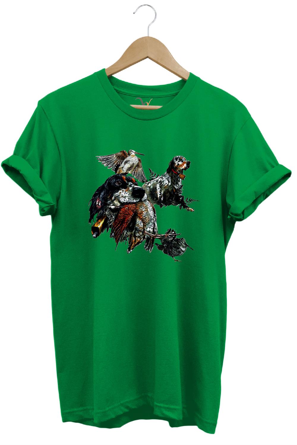 Avcılık Temalı English Setter Ve Kuş Baskılı %100 Pamuk Unisex Regular Fit T-Shirt - Yeşil