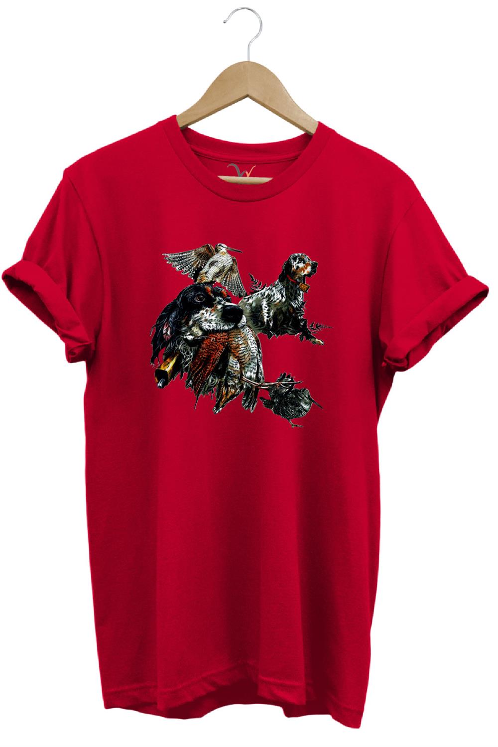 Avcılık Temalı English Setter Ve Kuş Baskılı %100 Pamuk Unisex Regular Fit T-Shirt - Kırmızı