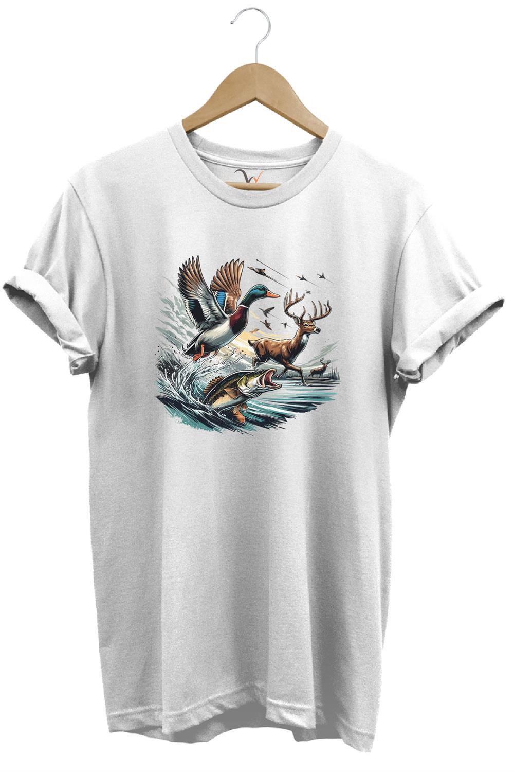 Avcılık Temalı Geyik, Ördek Ve Balık Tasarımlı %100 Pamuk Unisex Regular Fit T-Shirt - Beyaz