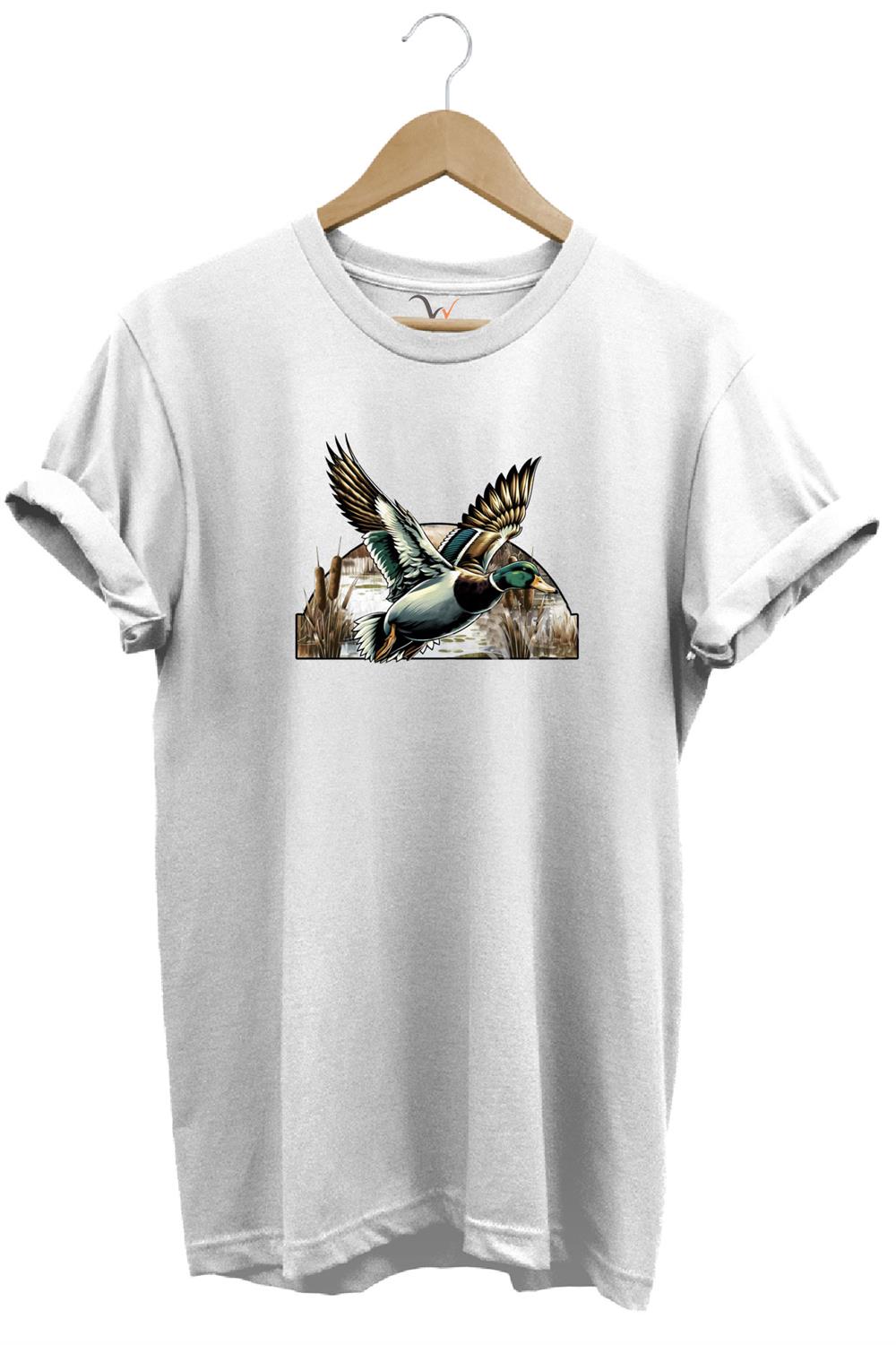 Avcılık Temalı Uçan Ördek Baskılı %100 Pamuk Unisex Regular Fit T-Shirt - Beyaz