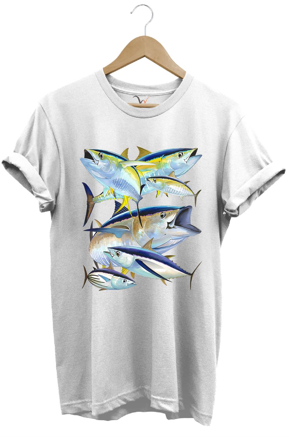 Balık Desenli Gümüş Balığı Baskılı %100 Pamuk Regular Fit Bisiklet Yaka T-Shirt - Beyaz