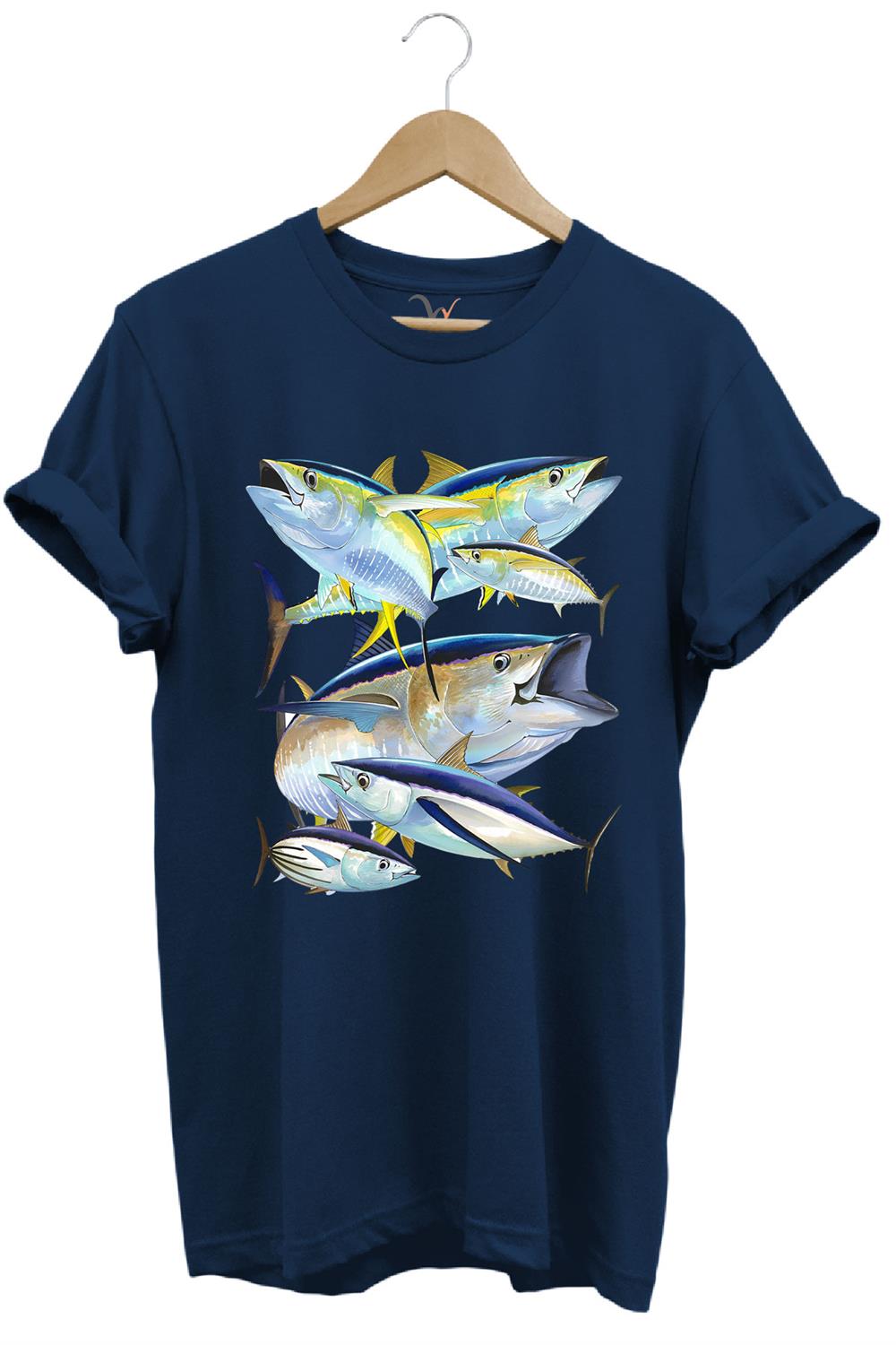 Balık Desenli Gümüş Balığı Baskılı %100 Pamuk Regular Fit Bisiklet Yaka T-Shirt - Lacivert