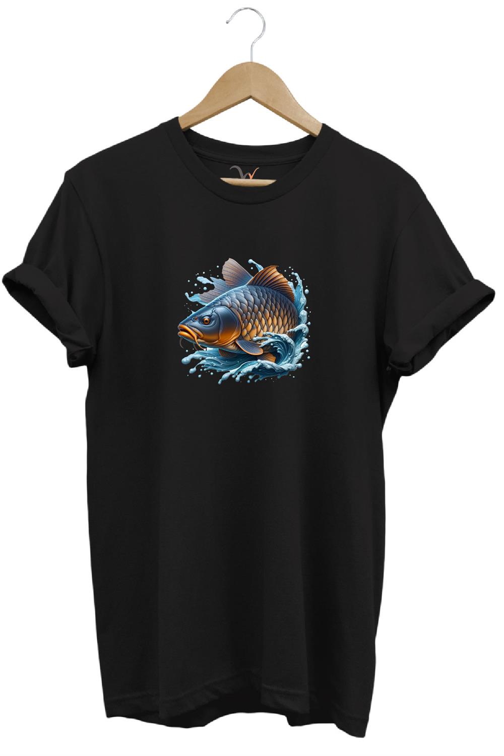 Balıkçı Fishing Sazan Avı Balıkçılığı Baskılı %100 Pamuk Regular Fit Bisiklet Yaka T-Shirt - Siyah