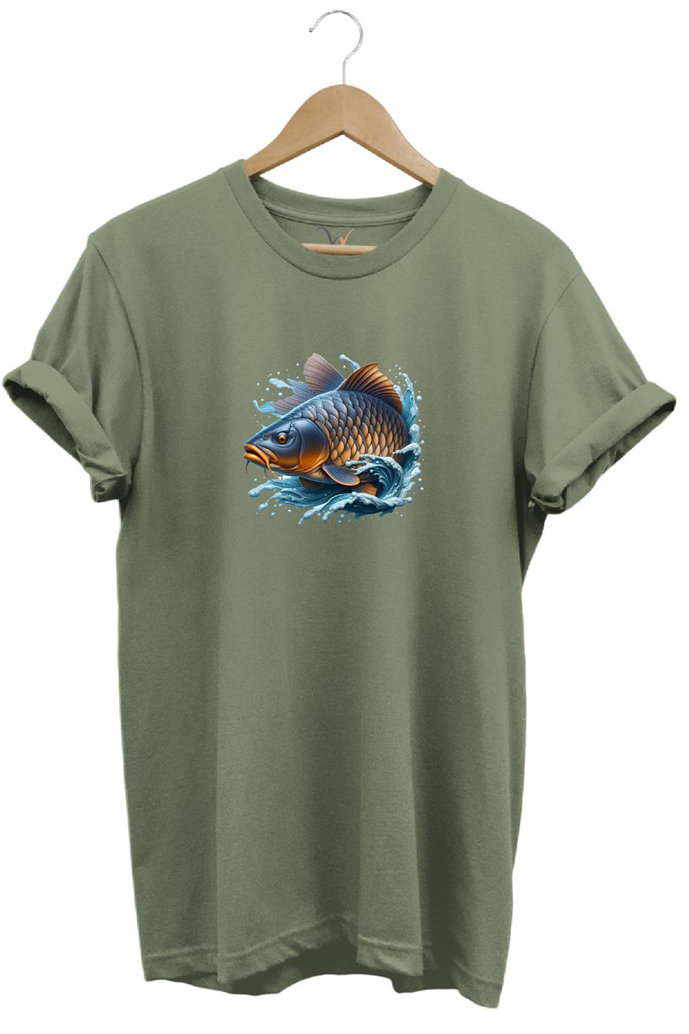 Balıkçı Fishing Sazan Avı Balıkçılığı Baskılı %100 Pamuk Regular Fit Bisiklet Yaka T-Shirt - Haki