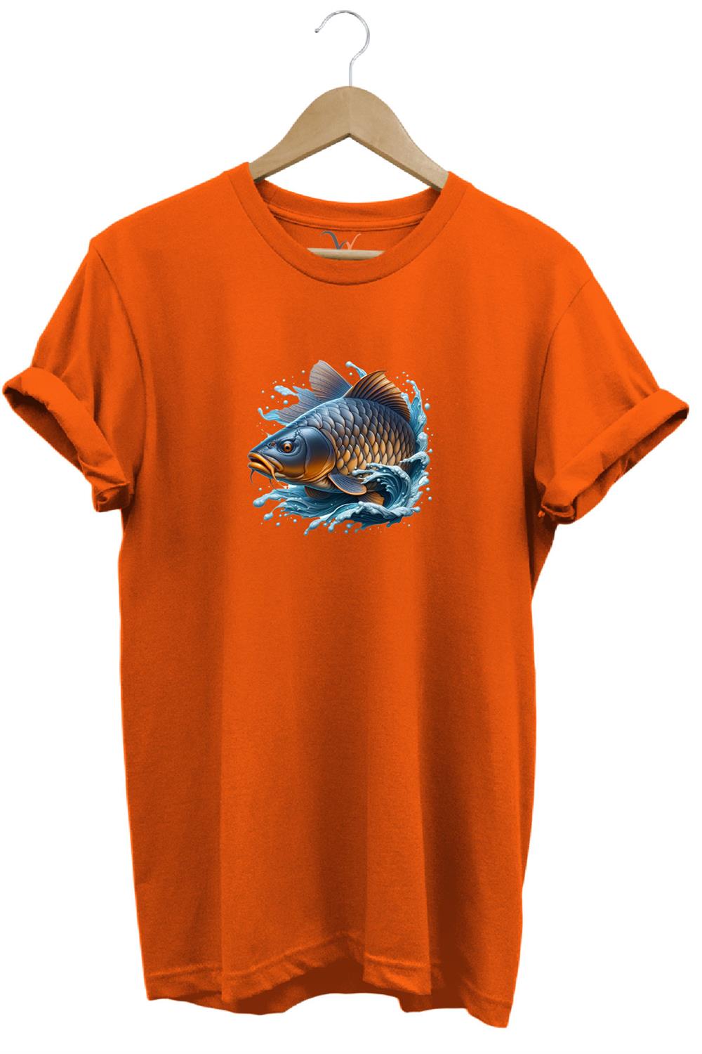 Balıkçı Fishing Sazan Avı Balıkçılığı Baskılı %100 Pamuk Regular Fit Bisiklet Yaka T-Shirt - Turuncu