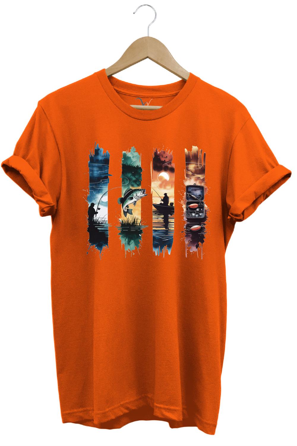 Balıkçılık Temalı Renkli Sahne Baskılı %100 Pamuk Unisex Regular Fit T-Shirt - Turuncu